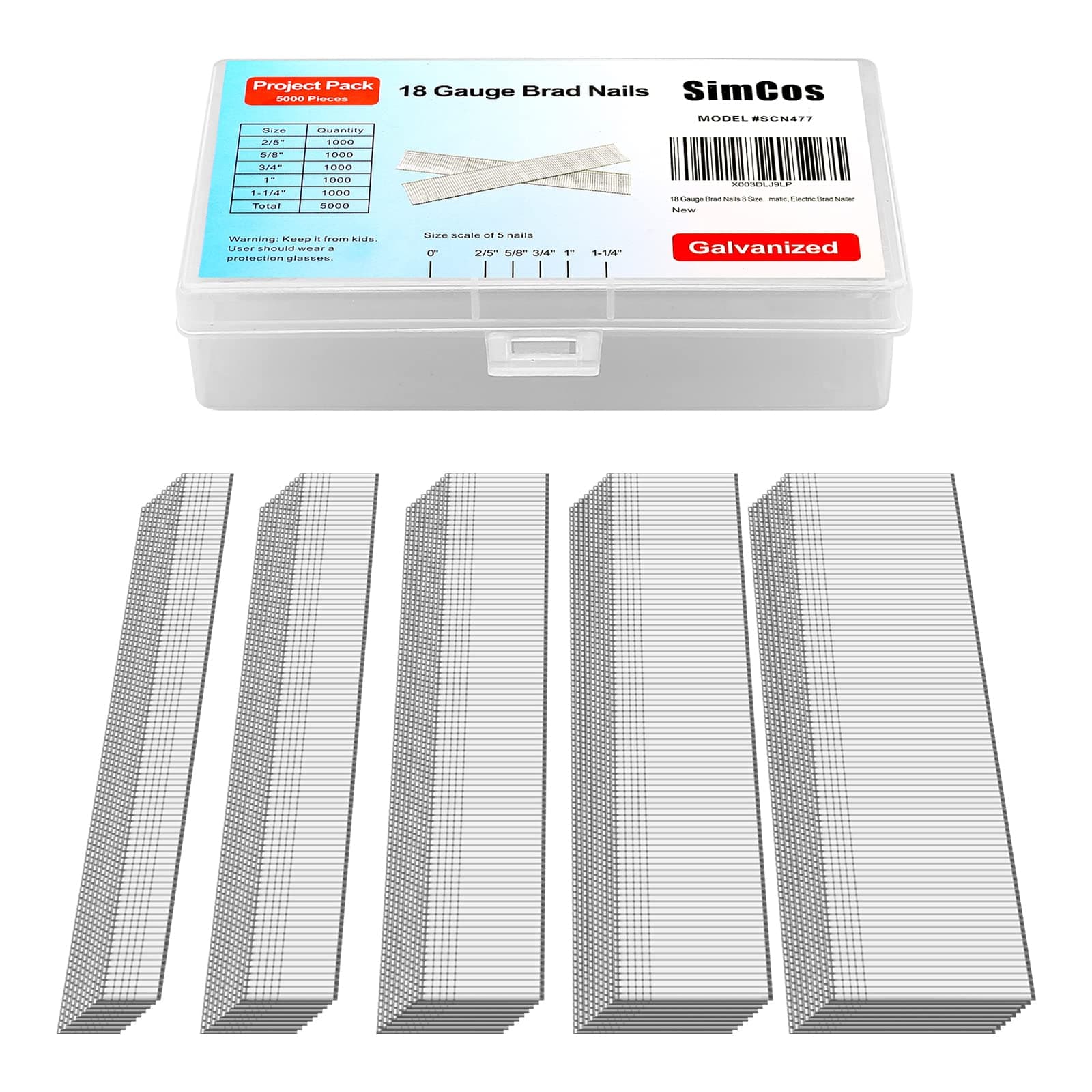 5000 pcs 18 Gauge Brad Nails (2/5",5/8",3/4",1",1-1/4 inch) Galvanized 25 GA Nail Gun Nails Assorted and Small Finishing Nails for Pneumatic, Electric Brad Nailer