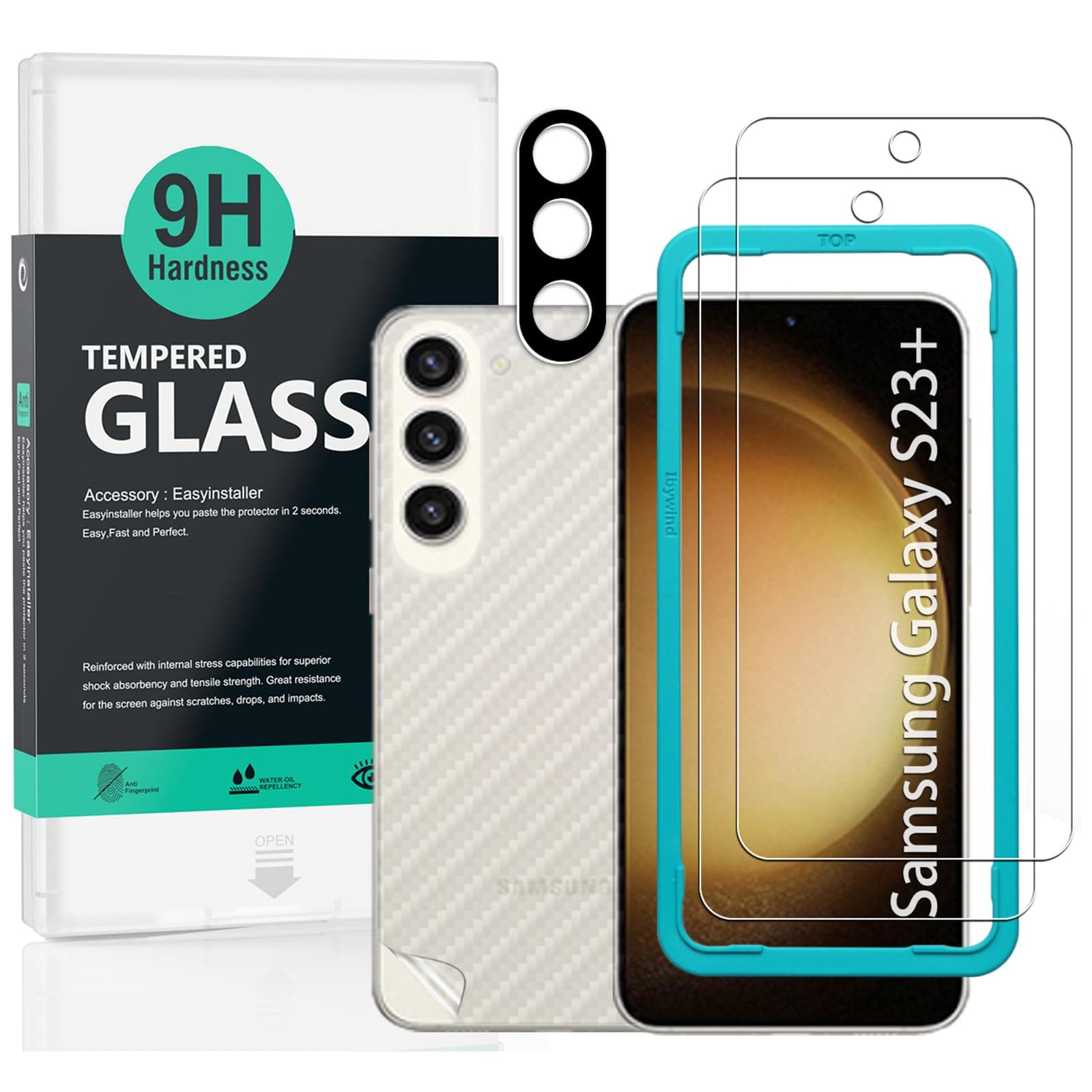 Ibywind Screen Protector For Samsung Galaxy S23+ 5G/Samsung Galaxy S23 Plus 5G(6.6"),with 2Pcs Tempered Glass,1Pc Camera Len Protector,1Pc Backing Carbon Fiber Film[Fingerprint Reader,Easy to install]
