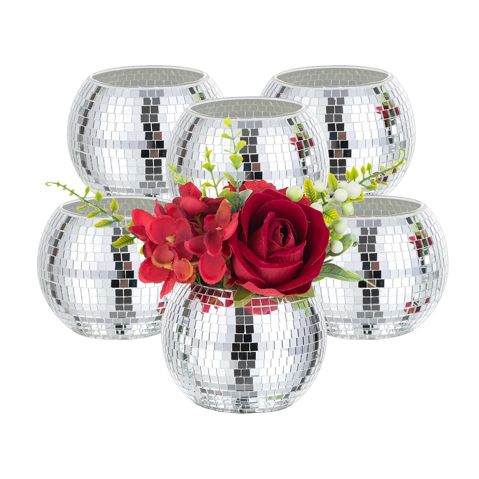 Disco Ball Vases for Table Centerpieces - Hewory 6pcs Silver Mirror Glass Planters Flower Pot Containers, Bulk Disco Balls Bowl Candle Holders for Wedding Bridal Shower Birthday Events Party Decor