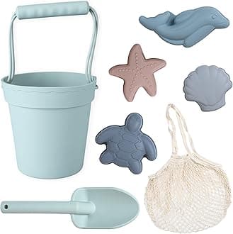 - BLUE GINKGO Silicone Beach Toys - Modern Baby | Travel Friendly Set Bucket, Shovel, 4 Sand Molds, Bag for Toddlers, Kids Green