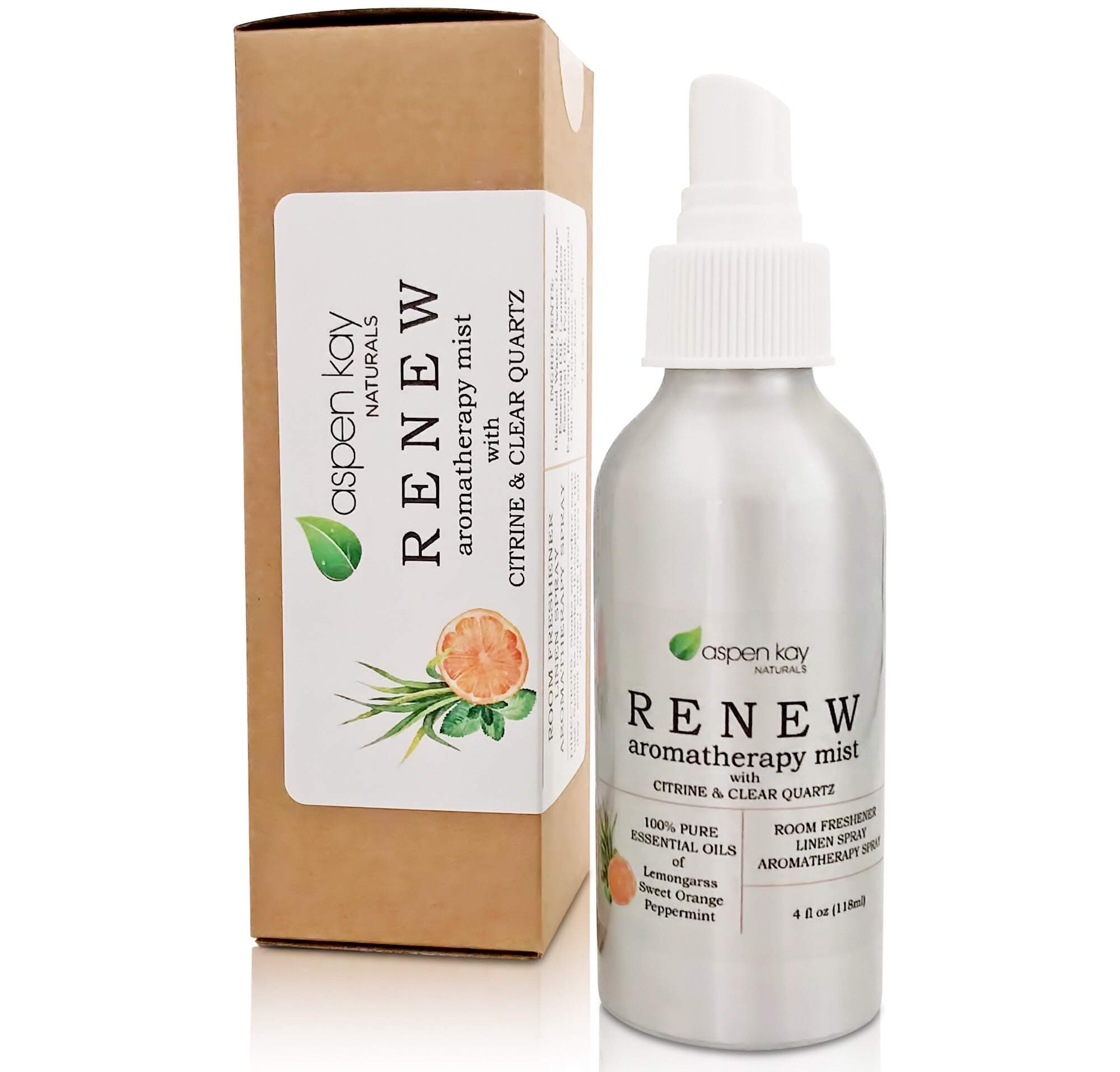 New Aromatherapy Spray, Renew, Refresh & Energize. Citrus Blend, Made with Pure Essential Oils. Room & Linen Spray, with Citrine & Quartz Crystals in Each Bottle. 4oz (Renew - Citrus & Mint)