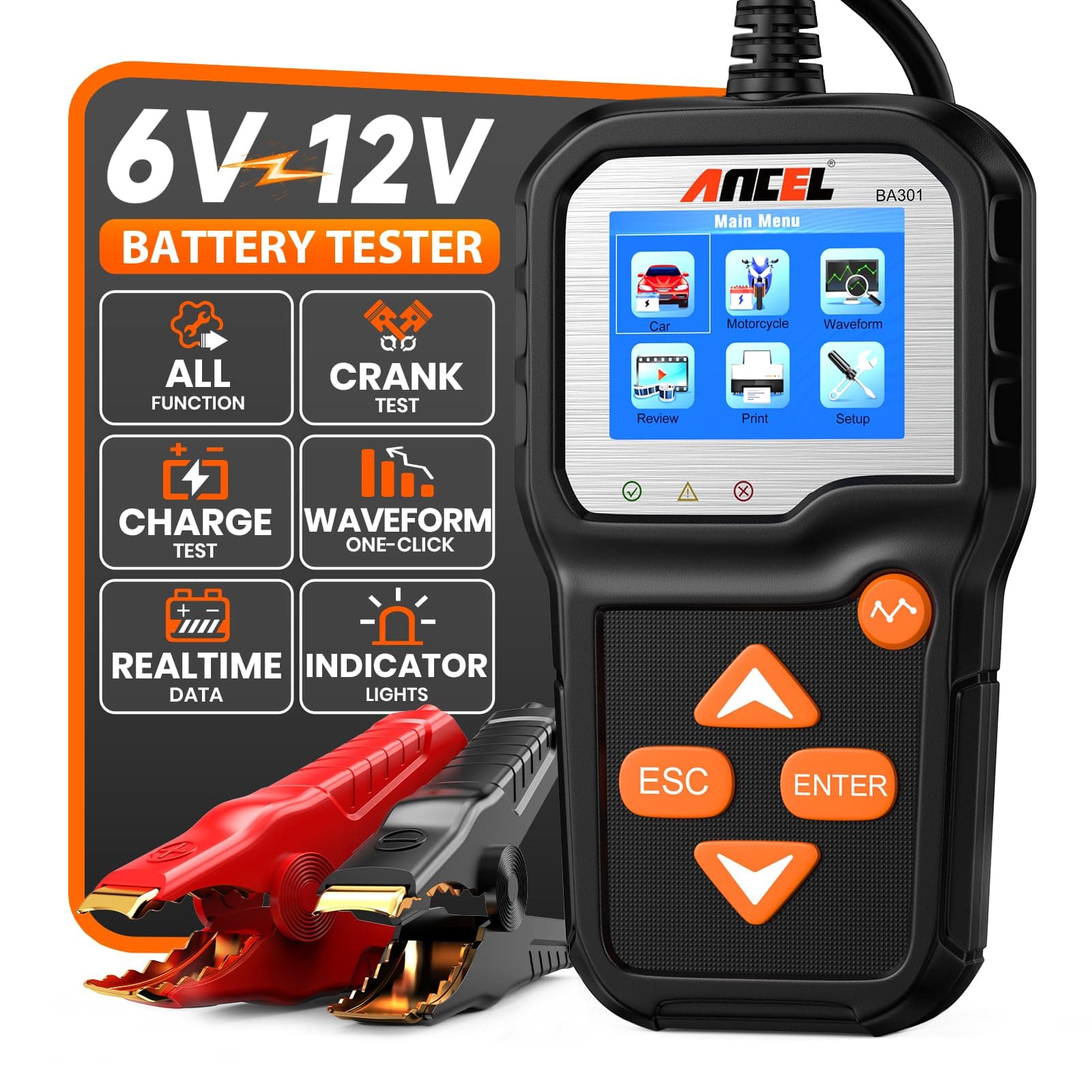 ANCEL BA301 6V 12V Battery Load Tester Car Alternator Analyzer Cranking Charging System Test Tool for Motorcycle Car Boat Light Truck and More
