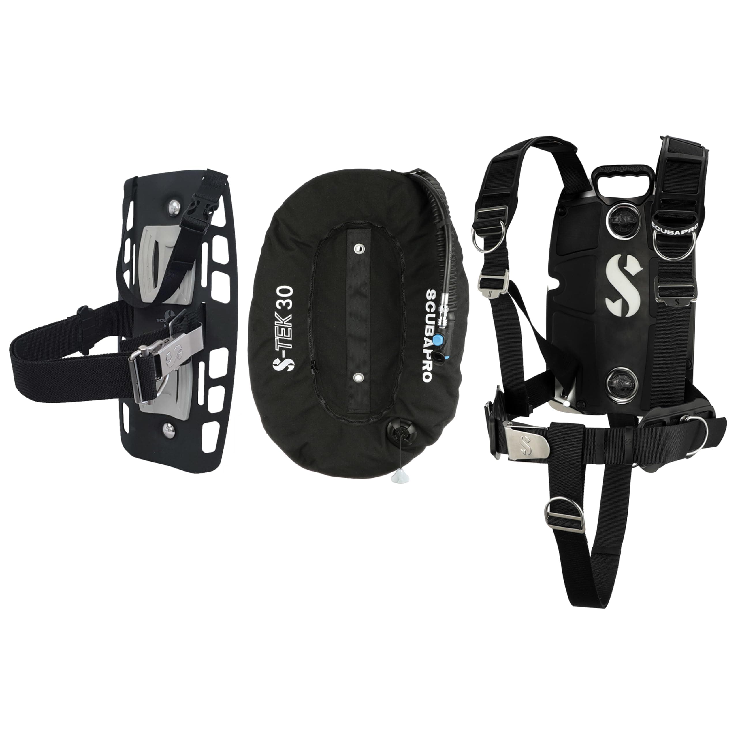 SCUBAPRO S-Tek Pro System for Technical Scuba Diving, Harness with Back Plate in Stainless Steel, Donut Wing 30 lbs/13 kg, Single Tank Adapter