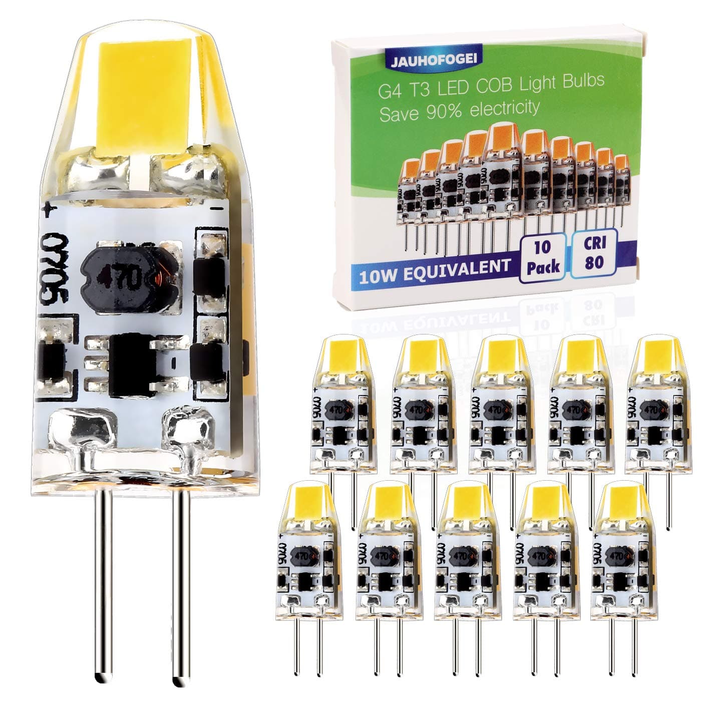 G4 LED Bulb 12V-24V ac dc, 1 watt Replacement for 10W Halogen Light Bulbs of RV, Boat, Kitchen Cabinet Puck Lamp, Outdoor Landscape Lighting, Two Pin Base, JC T3 Type, 6000K White, 10 Pack