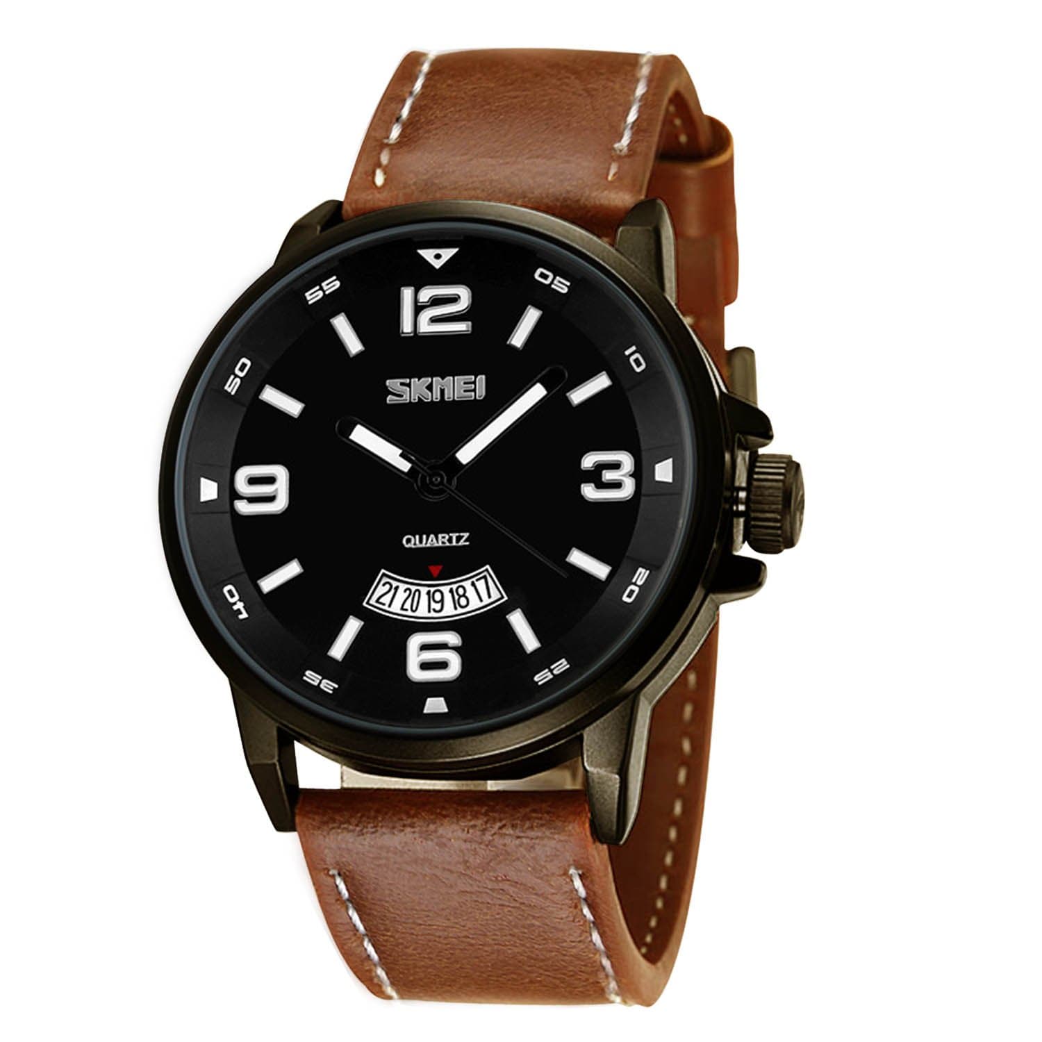 Mens Analog Quartz Watch with Brown Leather Strap, Oversized Black Face Military Casual Fashion Wristwatch Classic Waterproof Watches Calendar Date Week