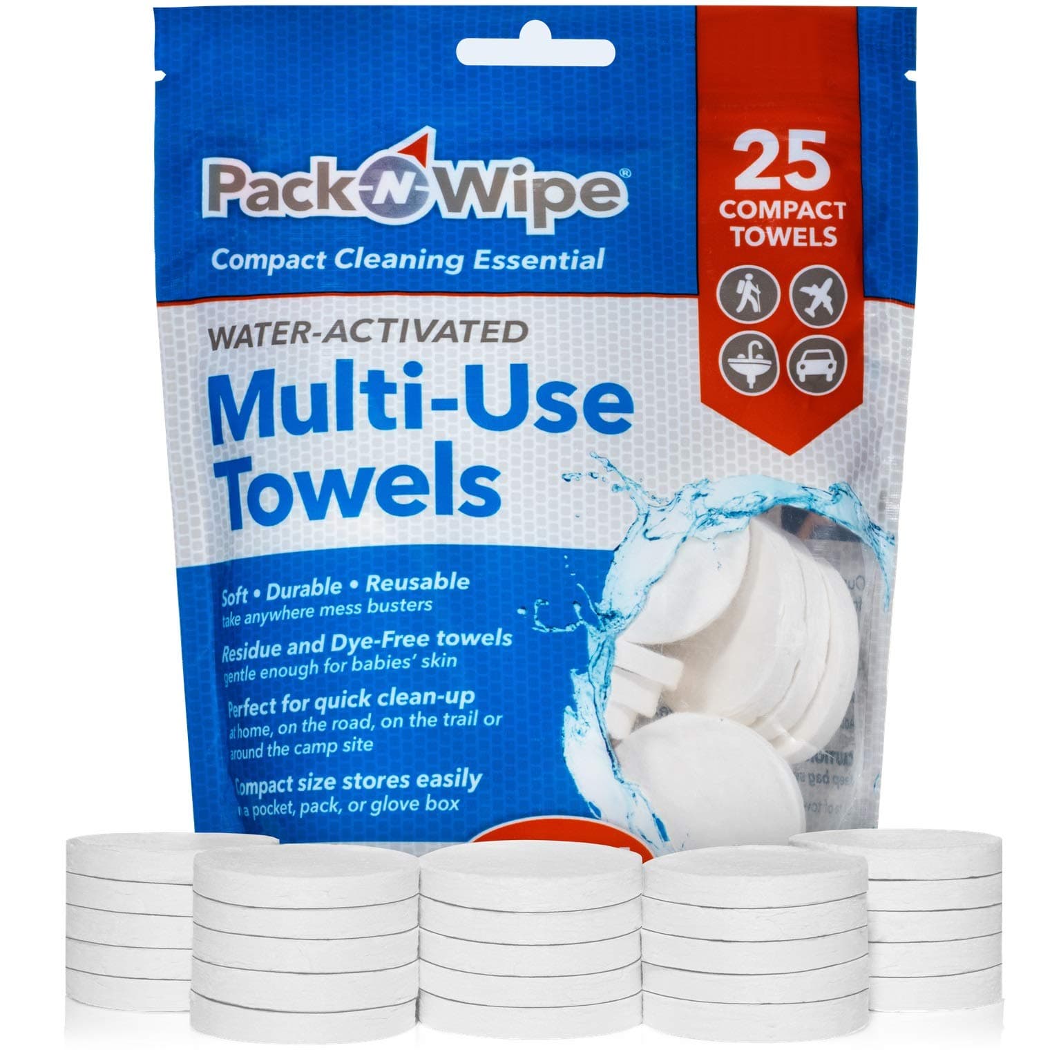 Pack-n-Wipe Compressed Disposable Towels - Soft, Durable, Reusable - Travel, Home, Outdoor Hand Towels - 8.5” x 11” - 25 Count (PNW-4)