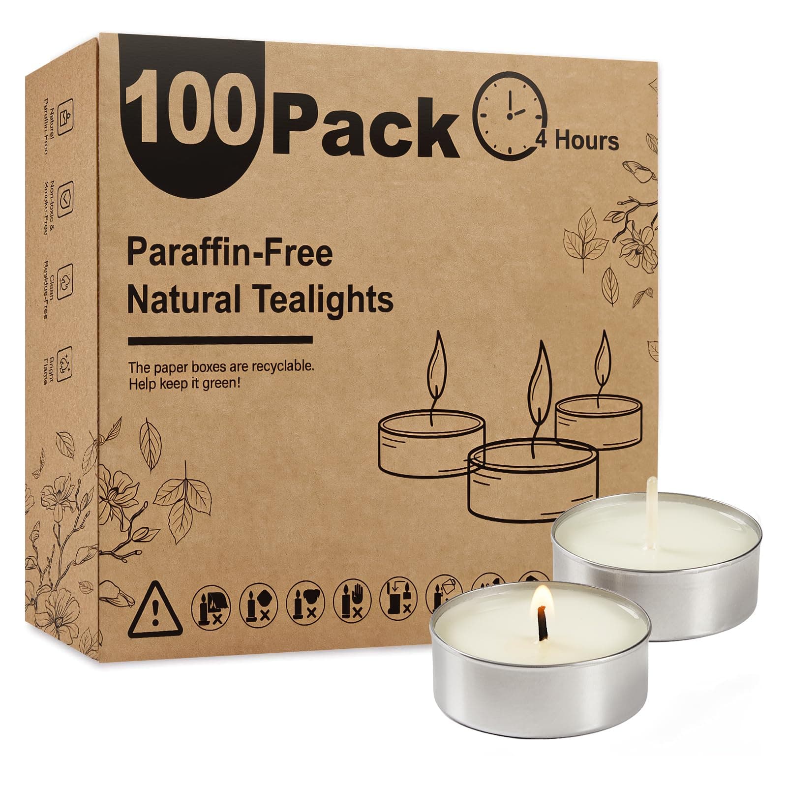 Ashlux Unscented Palm Tea Lights Candles 100 Pack Bulk, 4.5 Hours Long Burning White Tea Lights,Non-Paraffin, Smokeless, Mini Tealight Votive Candles for Wedding, Christmas Lights, Party, Christmas