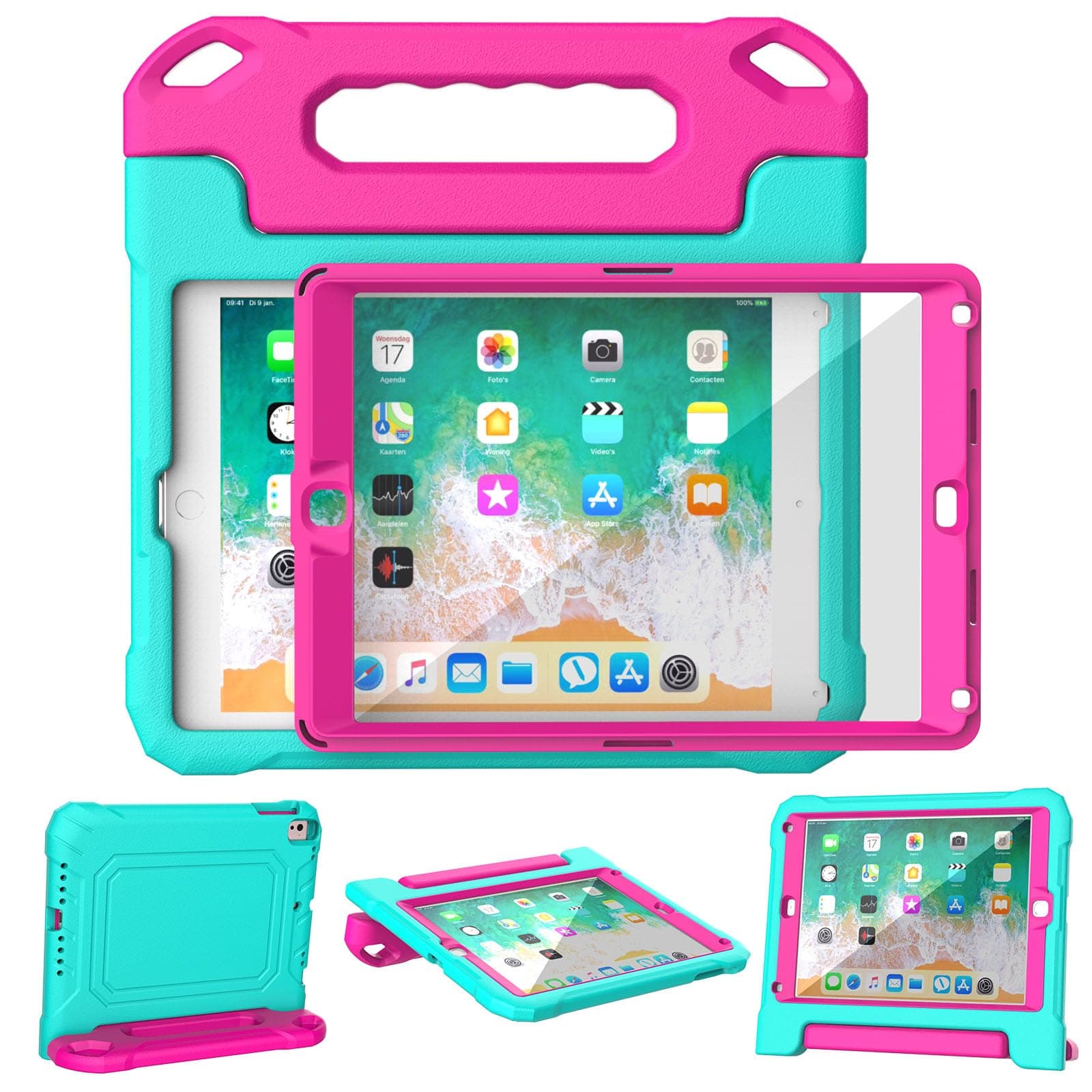 YIHE Kids Case for iPad 9.7 Inch with Screen Protector, Shockproof Handle Convertible Stand Case for iPad 9.7 6th/5th Generation 2018/2017, iPad Air 2/1& iPad Pro 9.7, Cyan&Pink