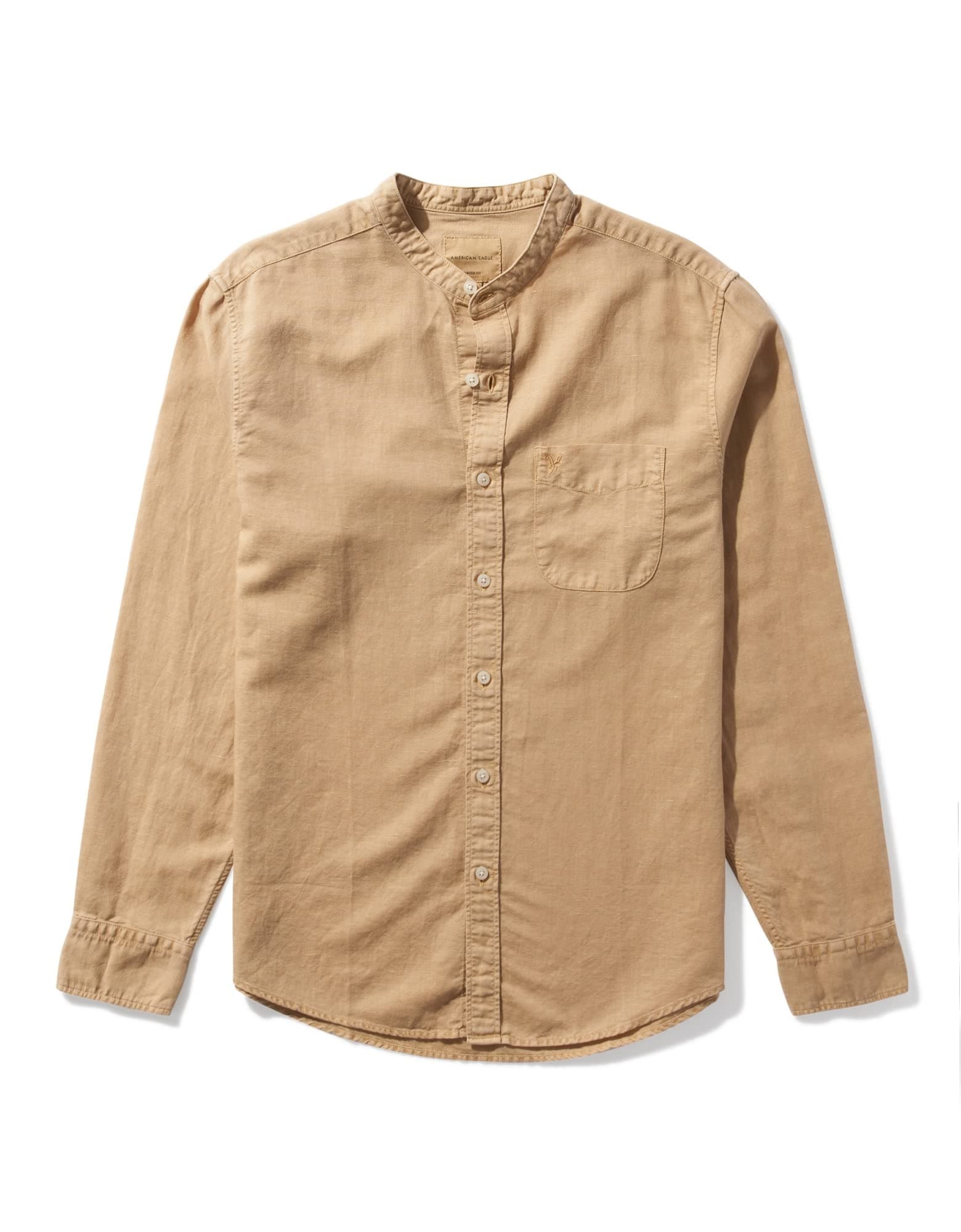 American EagleMen Linen Band Collar Button Up Shirt