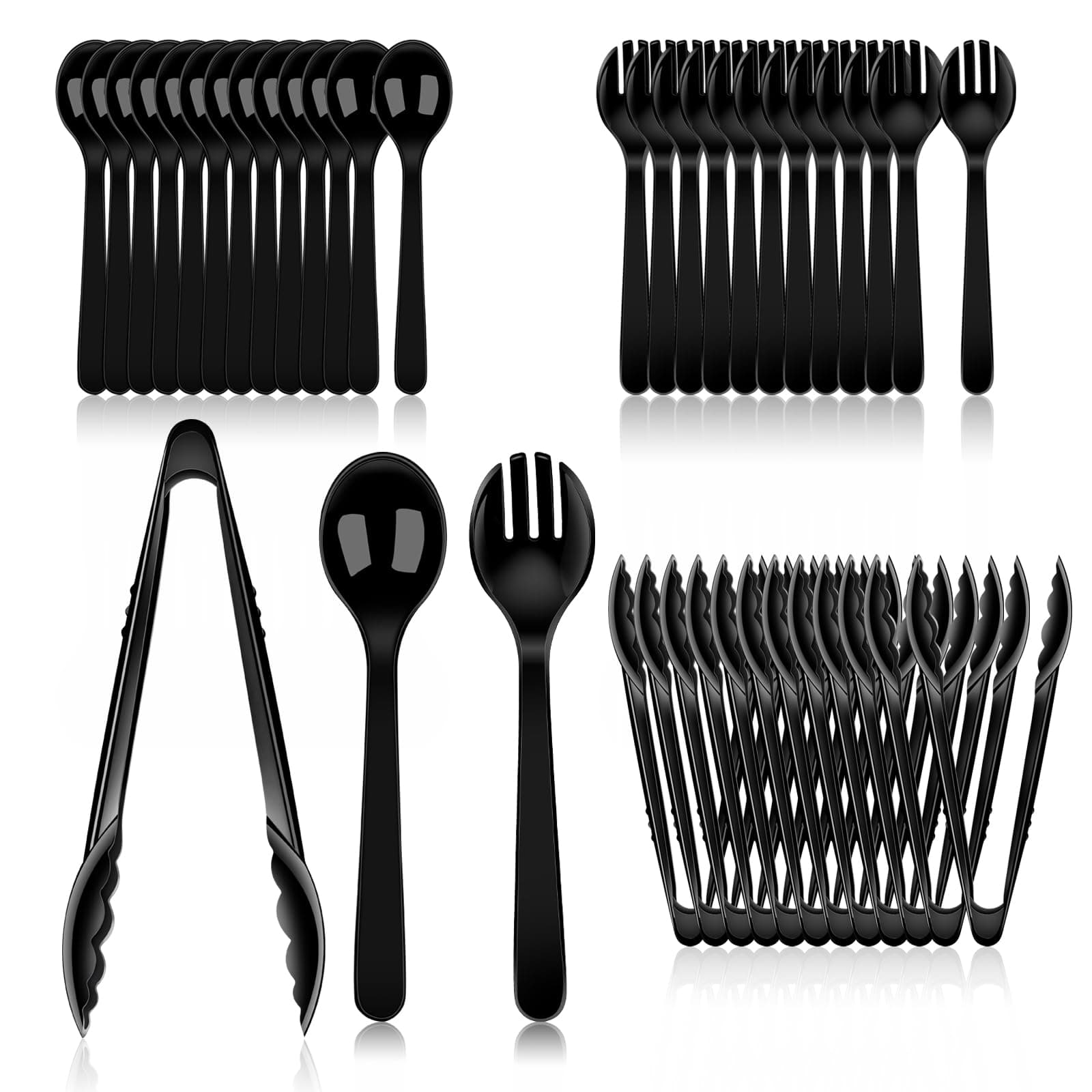 36 PCS Disposable Serving Utensils for Party - 12 Set Including Black Plastic Spoons, Tongs and Forks
