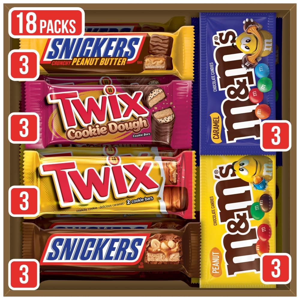 Mars M&M's Peanut, M&M's Caramel, Snickers Original, Peanut Butter Squared, Twix Cookie Dough Variety Pack Full Size Individually Wrapped Milk Chocolate Candy Bars, 18 Ct