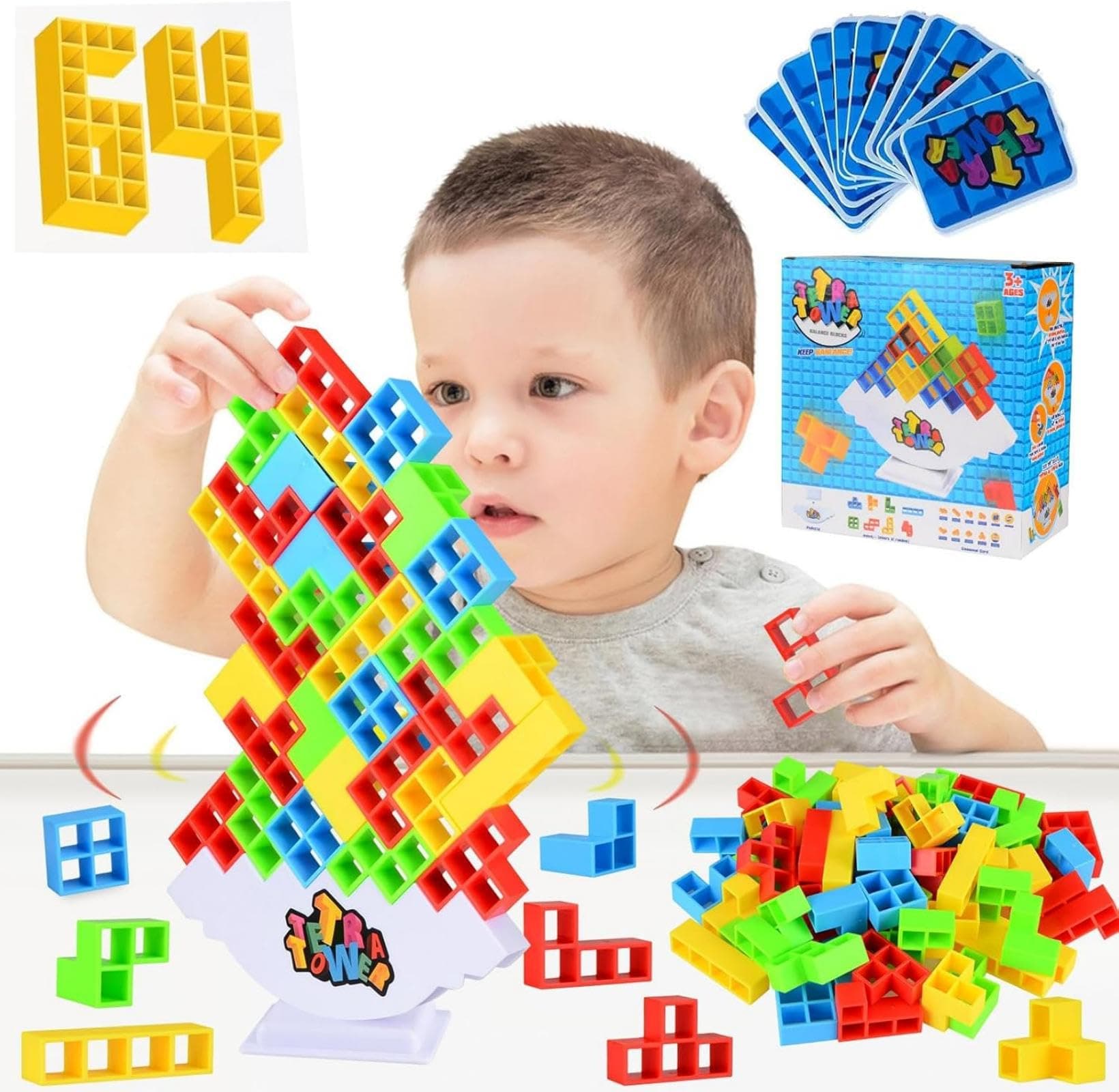 BIQIQI 64PCS Tetra Tower Stacking Game, Fun Stack Attack Board Game, Team Tower Game for Kids & Adults, 2 Players Building Blocks Balance Stacking Toys for Family Games Night, Parties, Travel
