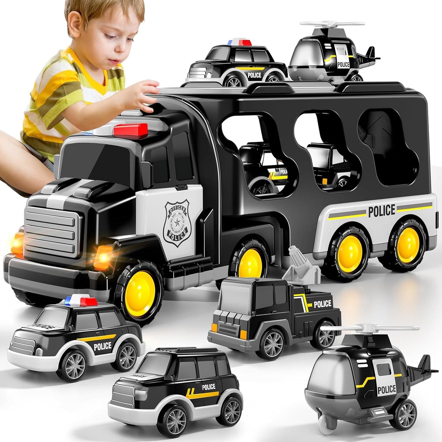 Toddler Toy Car for Boys, 5-in-1 Friction Power Emergency Vehicle, Police Car Toys for Boys 3-5 Years Old, Carrier Truck Toys for Kids 3-8, Toddler Baby Toy Birthday Kids Gift