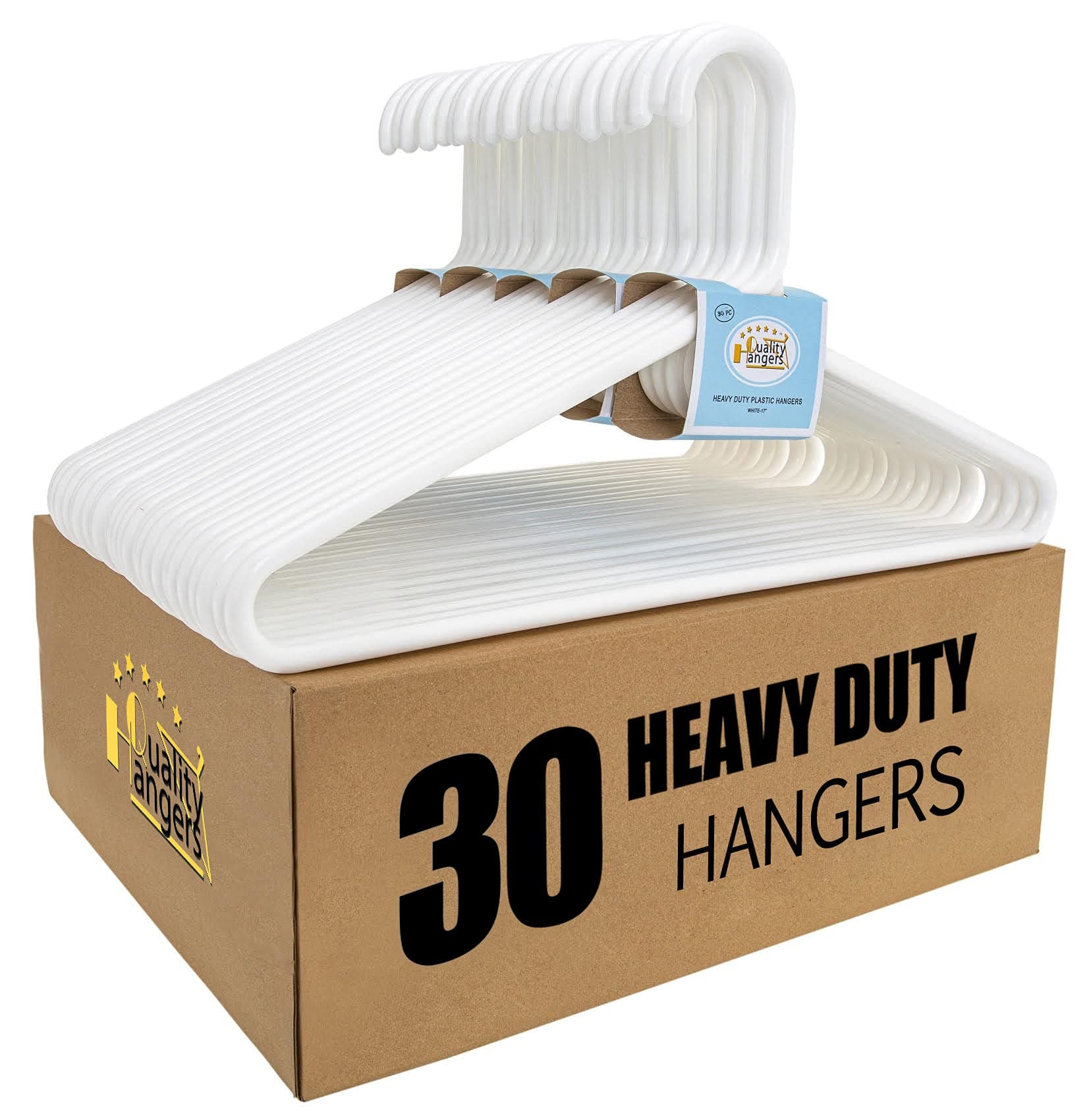 Quality White Hangers 30-Pack - Super Heavy Duty Plastic Clothes Hanger Multipack - Thick Strong Standard Closet Clothing Hangers with Hook for Scarves and Belts-17 inch Coat Hangers (White, 30)