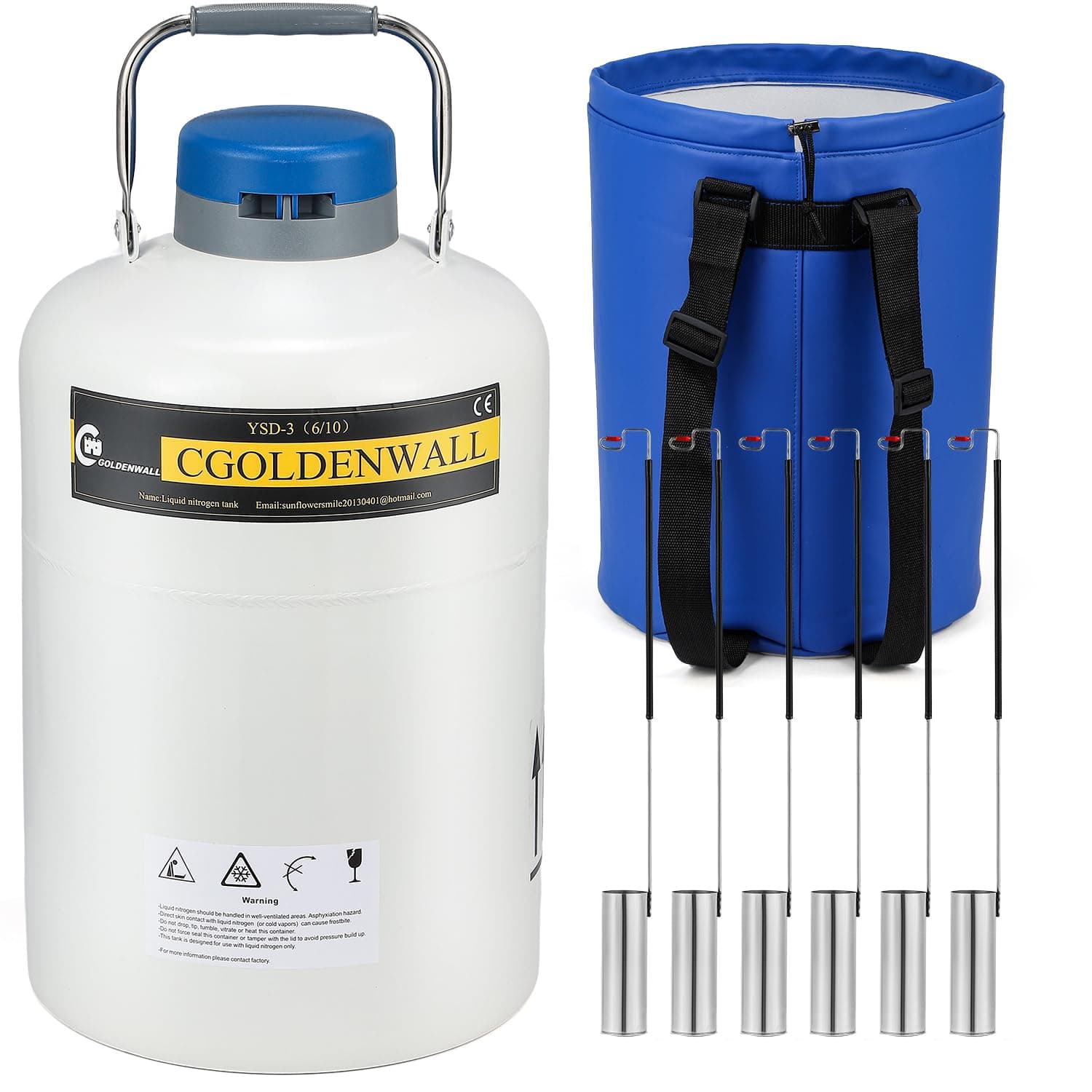 - CGOLDENWALL 10L Cryogenic Container Liquid Nitrogen LN2 Tank Dewar Liquid nitrogen dewar Aluminum Alloy with 6 Canisters and Carry Bag (10L)