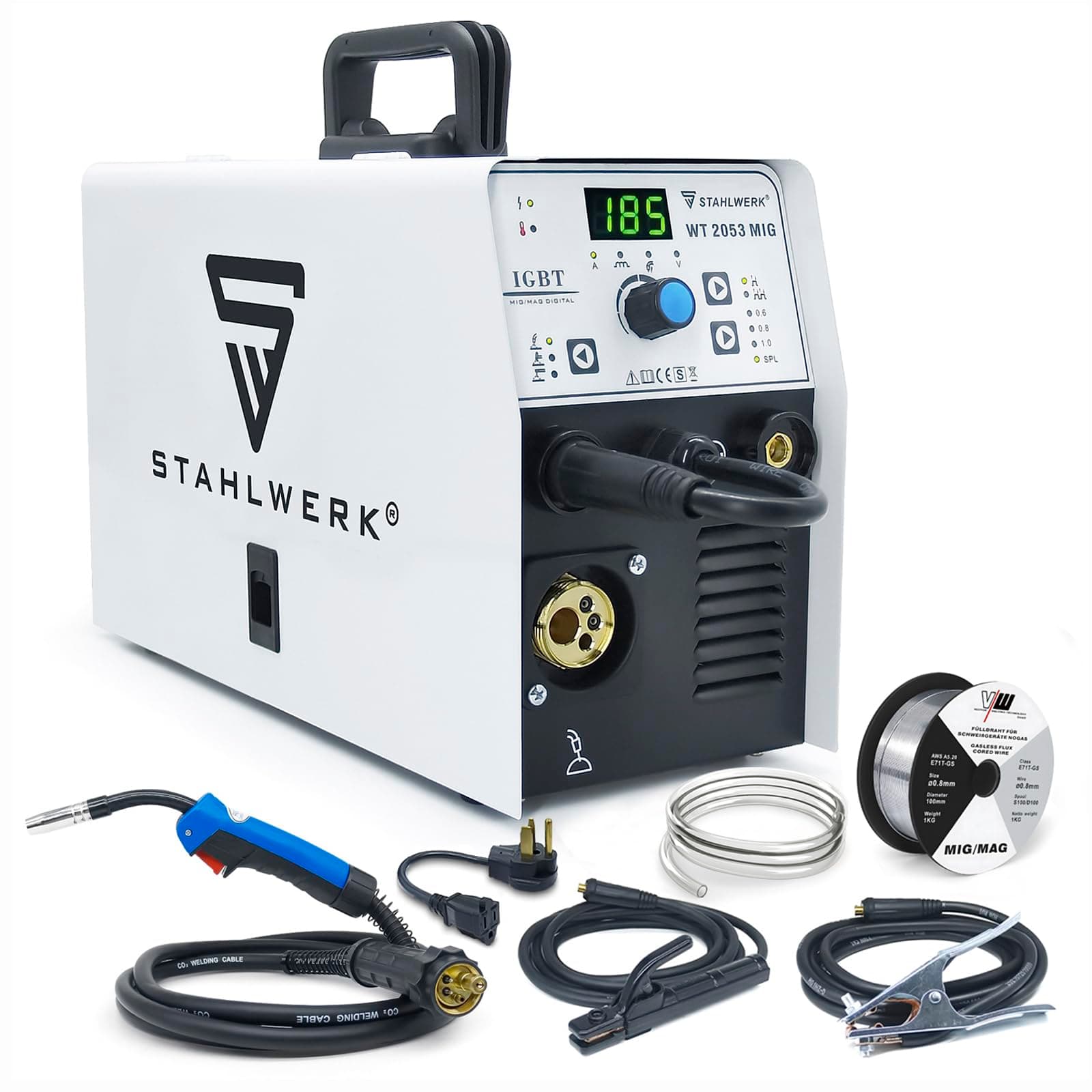 S STAHLWERK 185A Mig Welder 3 in 1 Flux MIG/Solid Wire/Lift TIG/Stick Welder 110V/220V Dual Voltage Gas/Gasless Welding Machine, White