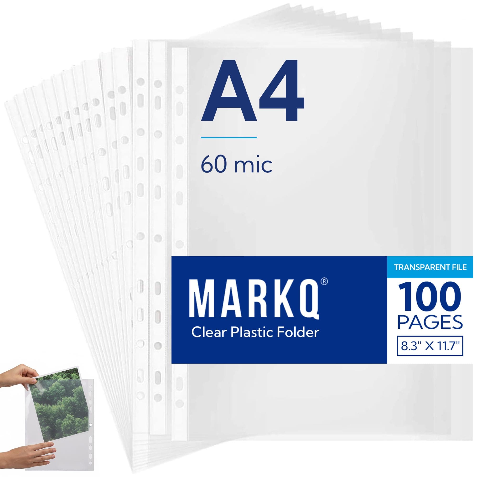 MARKQ A4 Transparent file, 100 Pcs Clear Plastic Folder Punched Pockets for Filing Paper & Documents (60 mic)