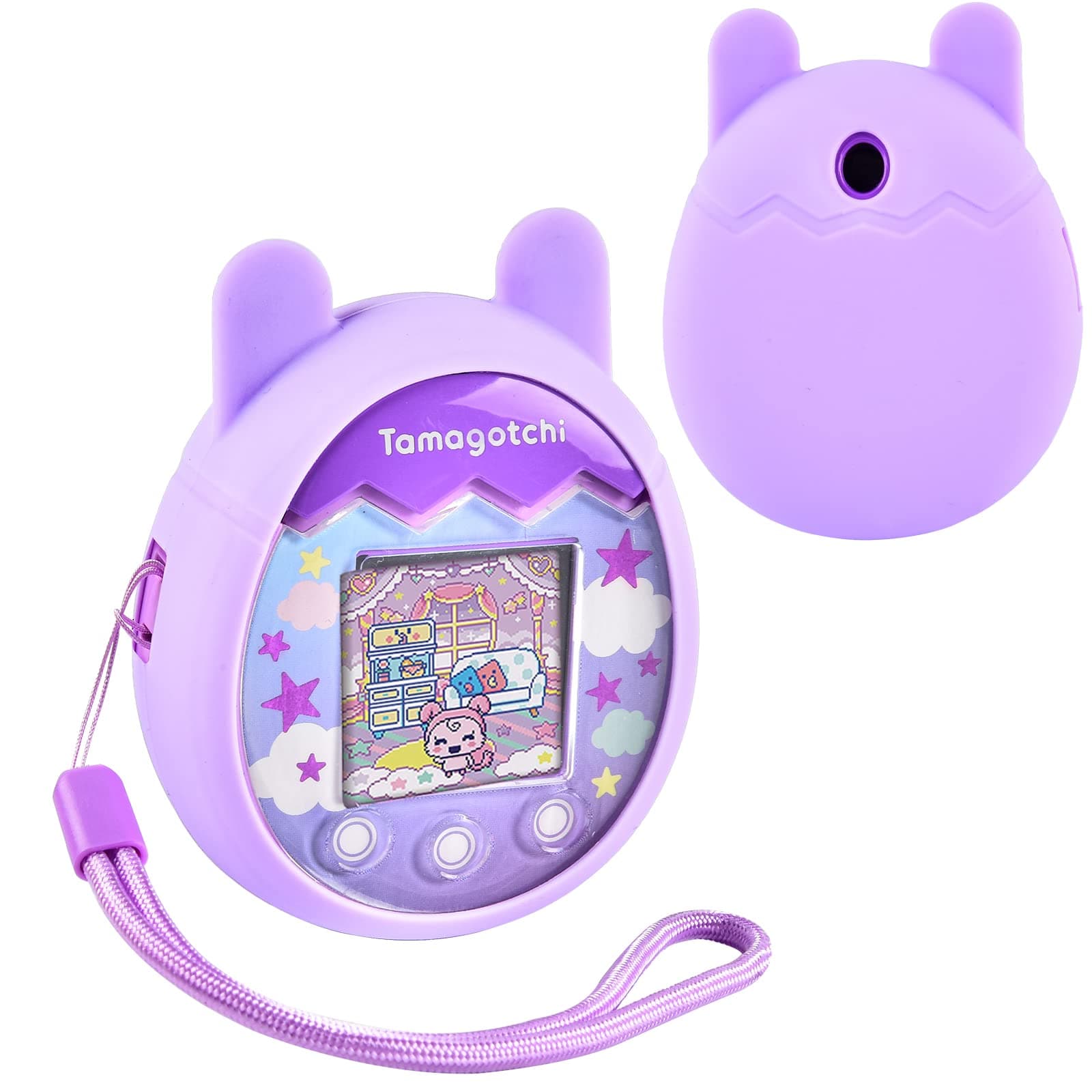 Silicone Case Compatible with Tamagotchi Pix Virtual Pet Game Machine, Protective Gel Soft Skin Cover for Tomagatchie Giga Pet Mini Toy, Travel Carry Pouch Sleeve with Hand Strap, Purple-Bag Only
