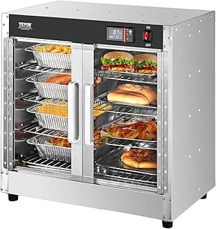 VEVOR Hot Box Food Warmer, 4-Tier Concession Warmer with Water Tray, 4 Pans, Glass Double-door and Adjustable Shelves, Stainless Steel Food Warmer Cabinet, Ideal for Storing Pizza, Chicken, Restaurant