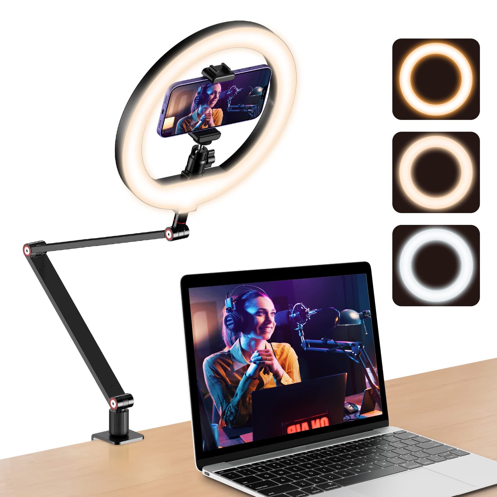 USB 10' Ring Light for Desk with Stand and Phone Holder Ring Light with Overhead Camera Mount and Adjustable Desk Arm Stand for Photography,Makeup, Zoom Calls, YouTube Videos