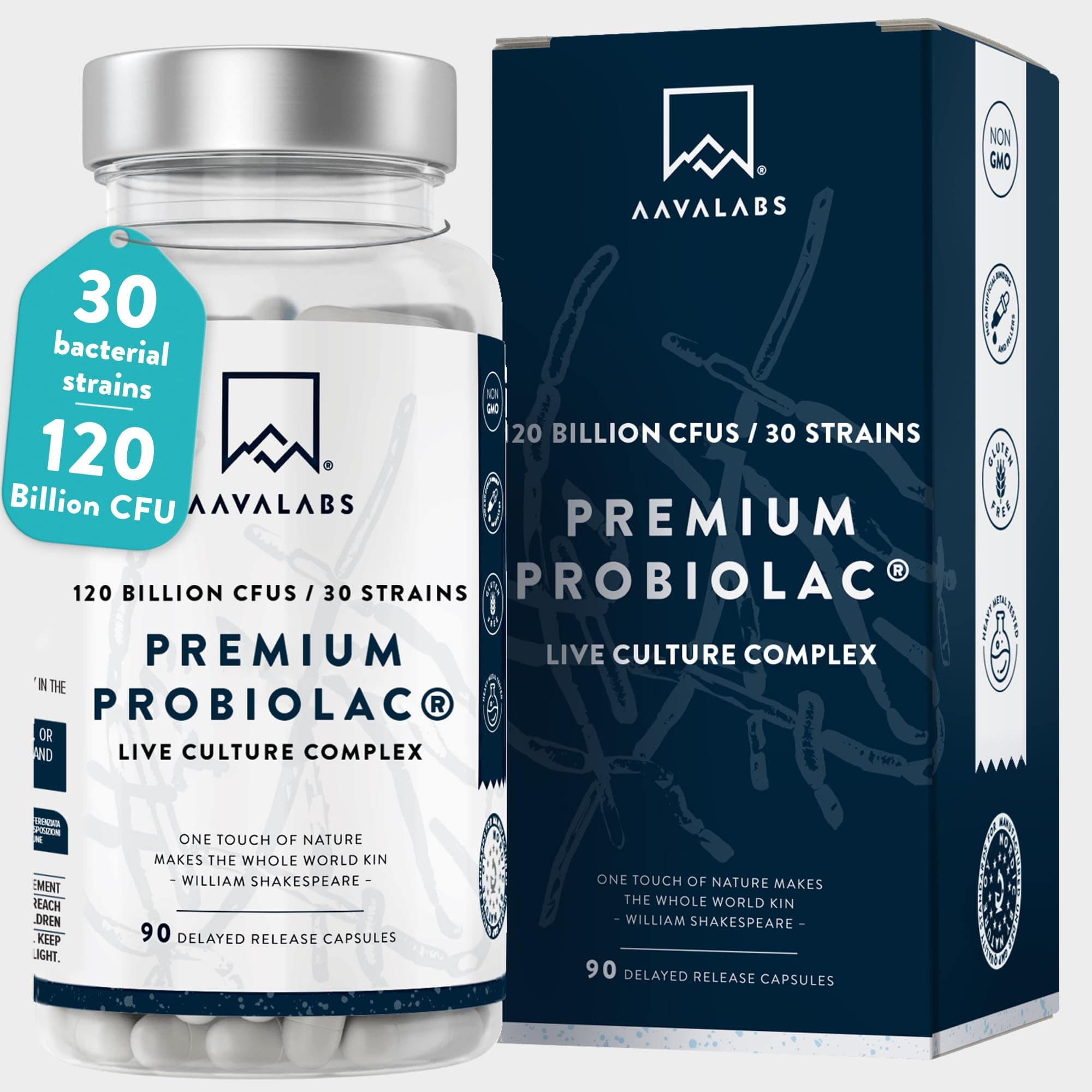 Bio Cultures Complex [ 120 Billion CFU ] 30x Bacterial Strains incl. Lactobacillus Acidophilus & Bifidobacterium per Serving - 90 Capsules - 3rd Party Tested