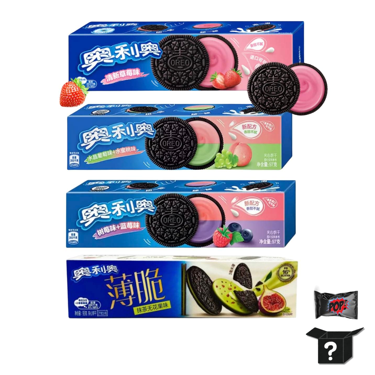 Asian Oreo Ultimate Sampler Pack: Strawberry Creme, Blueberry Raspberry, Peach Grape, Matcha Fig | Plus Mystery Snack | Pack of 4 Asian Oreos + Mystery Snack | Berries & Fig Sampler Pack Oreo