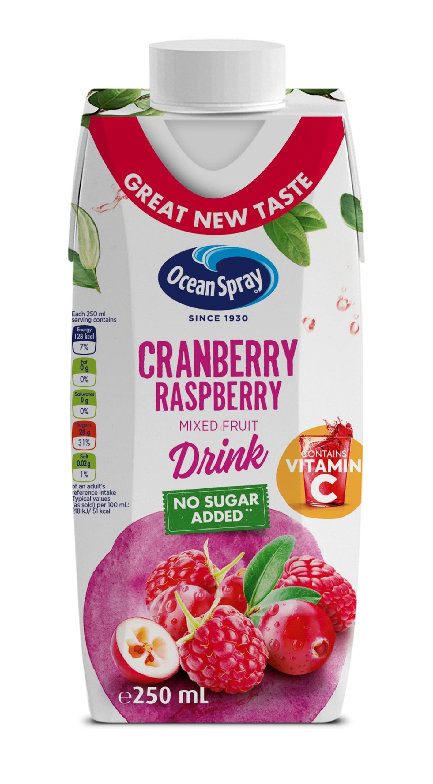 Cranberry Raspberry Mixed Fruit Drink No Sugar Added, 250ml, Contains Vitamin C