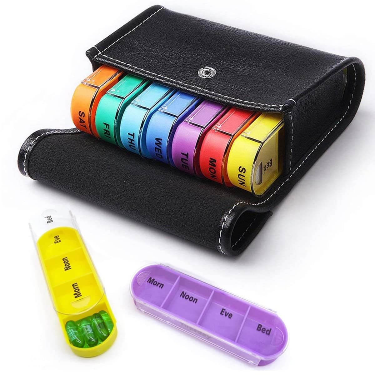 ECVV 4 Times a Day Pill Case Organizer with Leather Bag, Weekly Travel Medicine Reminder Box for Vitamin/Fish Oil，Large Pill Wallet with 28 Compartments