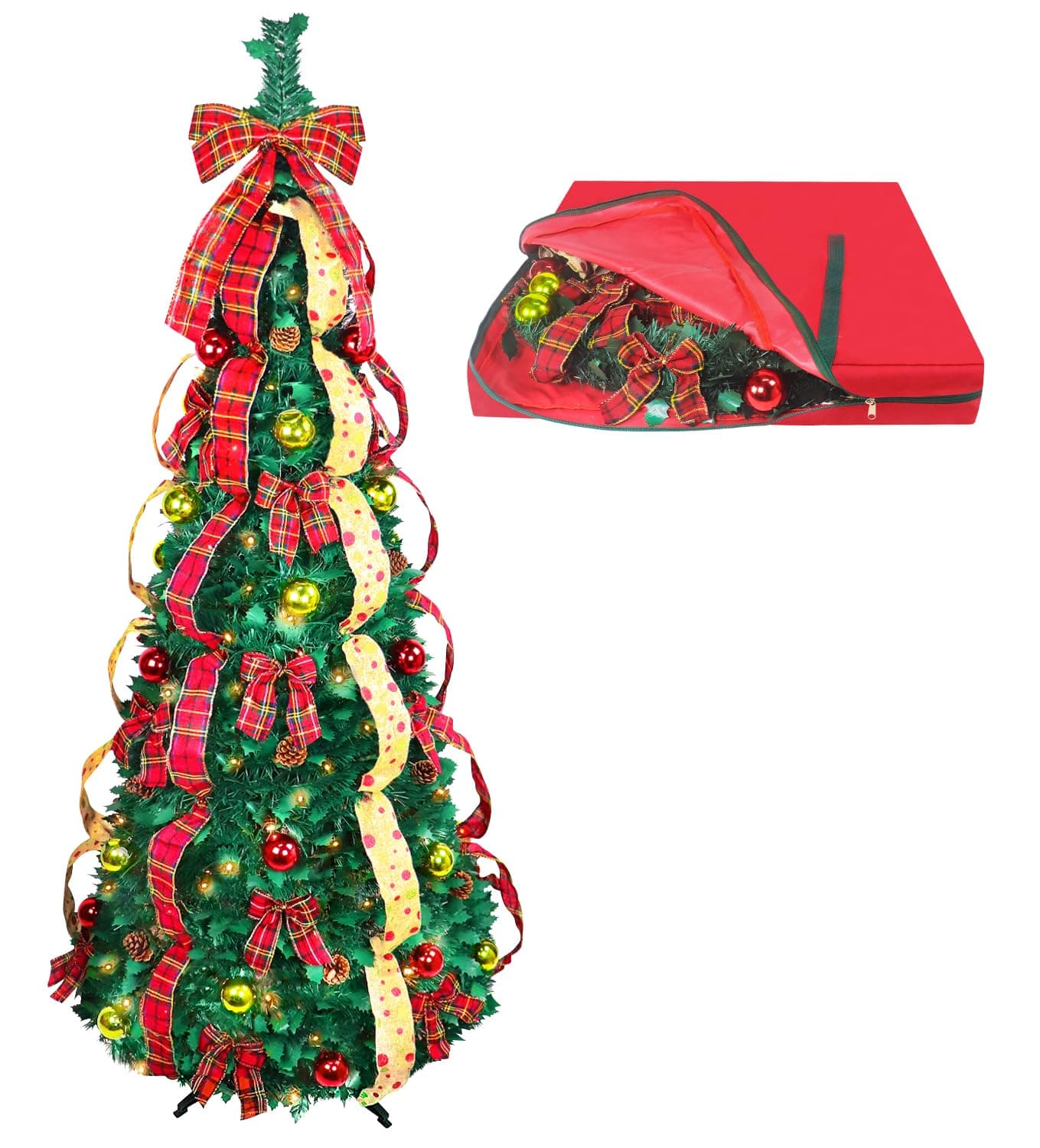 6ft Pop up Christmas Tree - Fully Decorated Pre-Lit Pull Up Tree Includes Storage Bag, Ornaments, Ribbon, Pinecones, Stand, and Warm UL Lights
