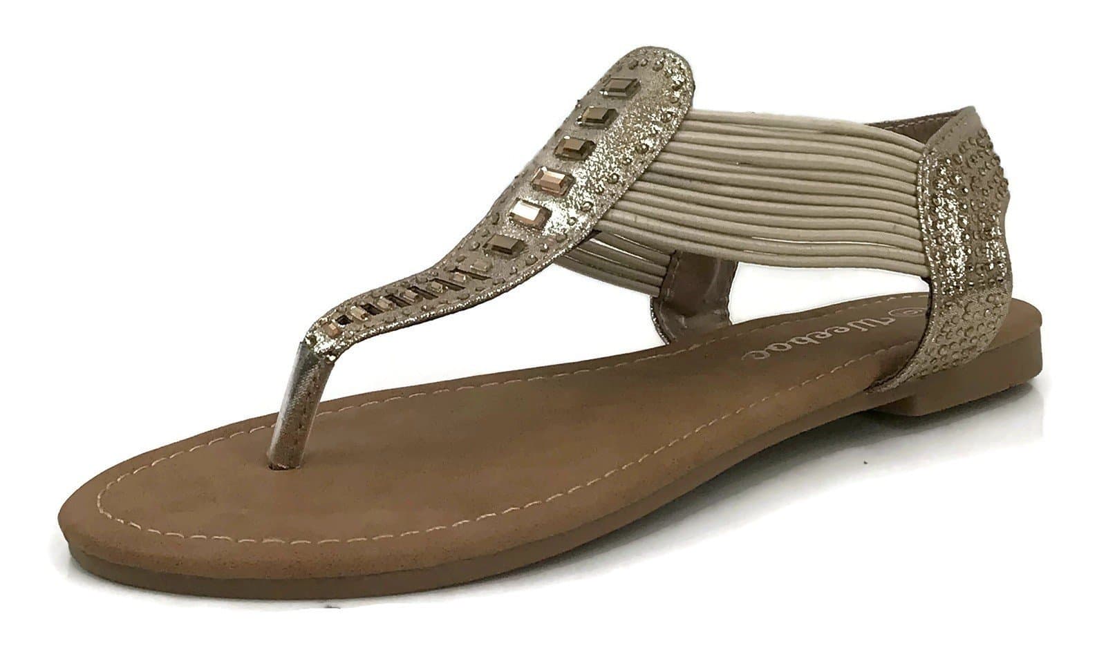 W Collection Womens Elastic Strappy T-Strap Thong Ankle Strap Summer Gladiator Rhinestone Sandals, Gold, 5.5