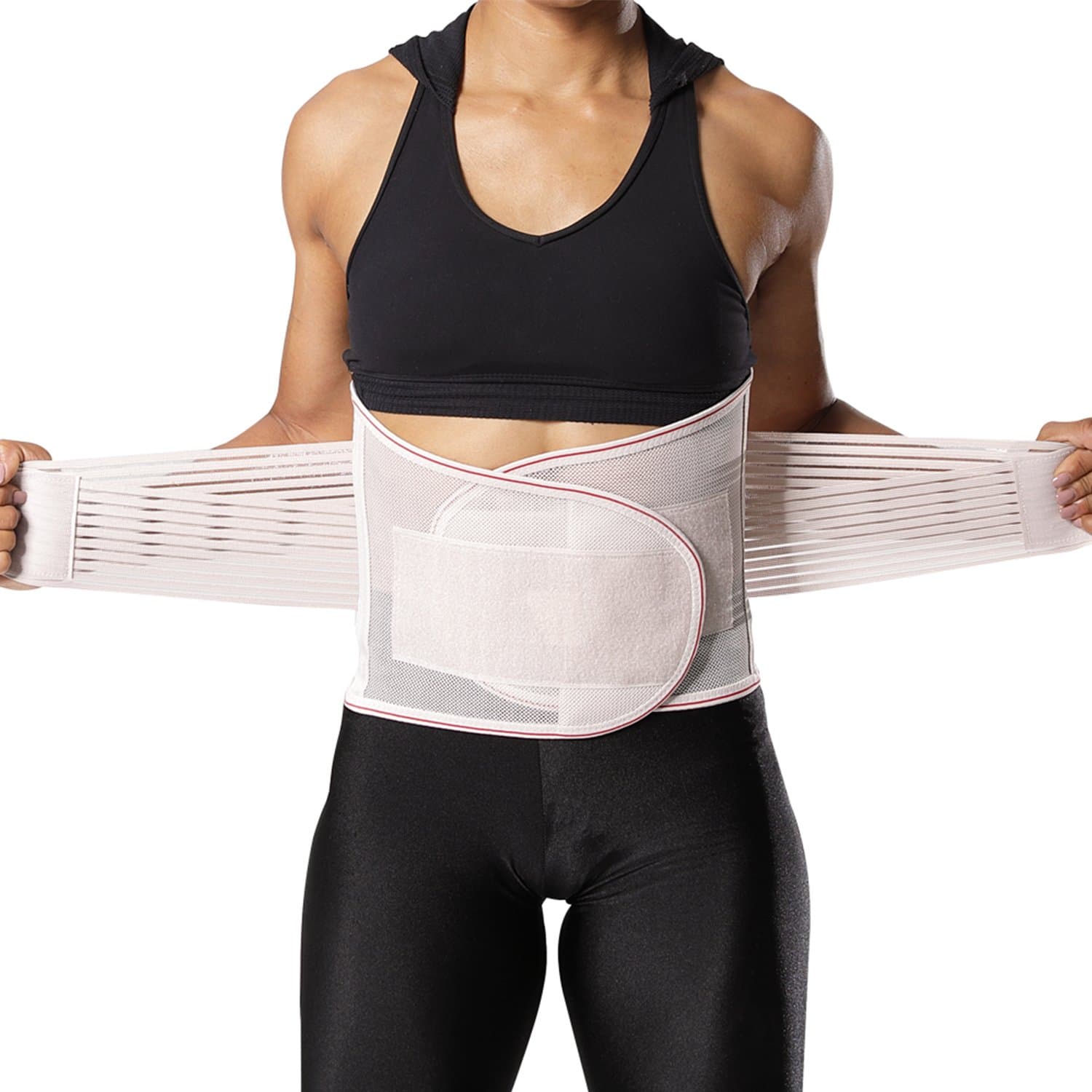 DARCHEN Lower Back Brace Back Support Belt for Women and Men Back Brace Posture Corrector with Dual Adjustable Straps and 5 Body Curved Stays (Beige Red, 3XL Belly: 31-33 inches)