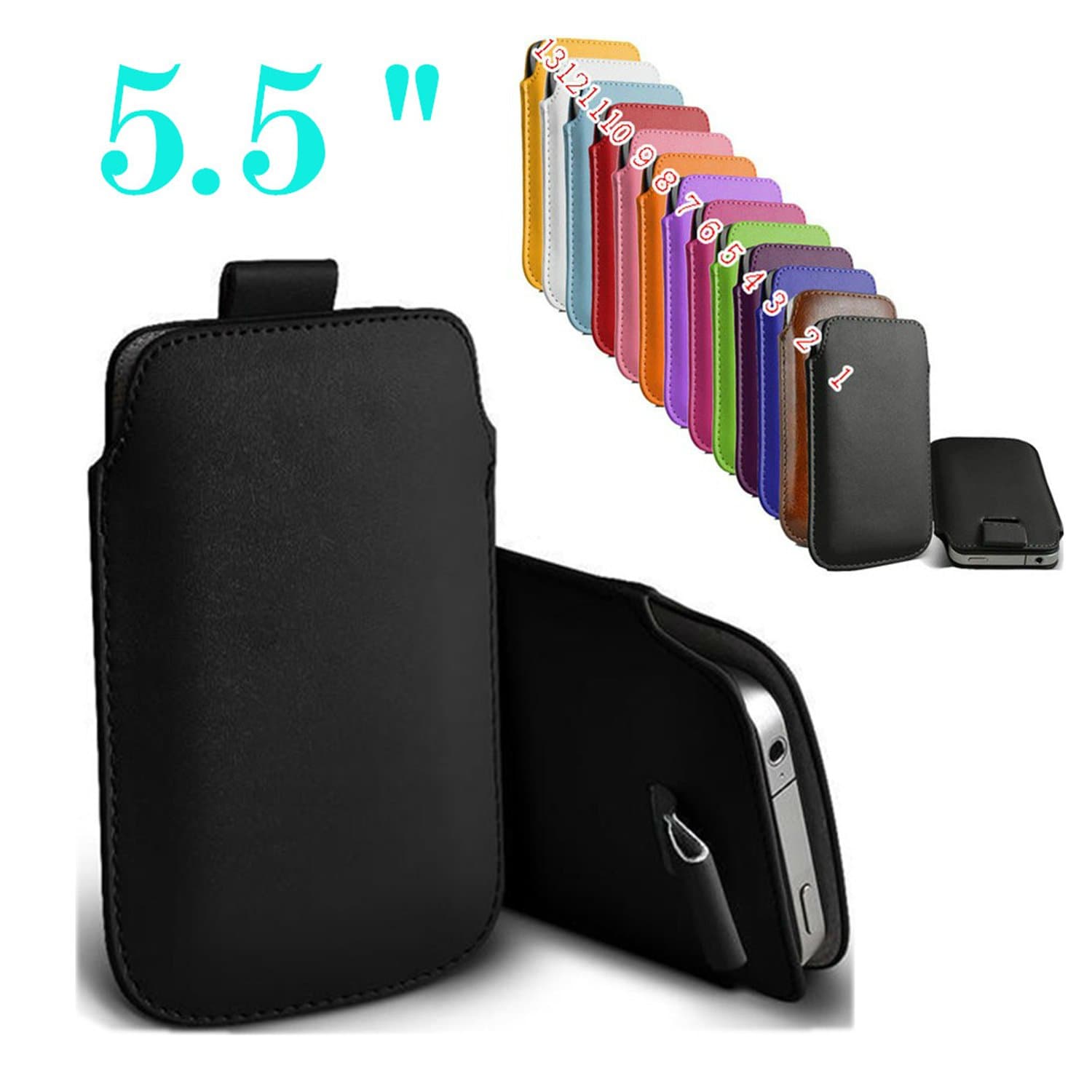 uFashion3C iPhone 6/6S Plus 5.5'' PU Leather Sleeve Pouch Case with Pull Tab (Without Other Case) - 13 Colors- Retail Packaging (Black)