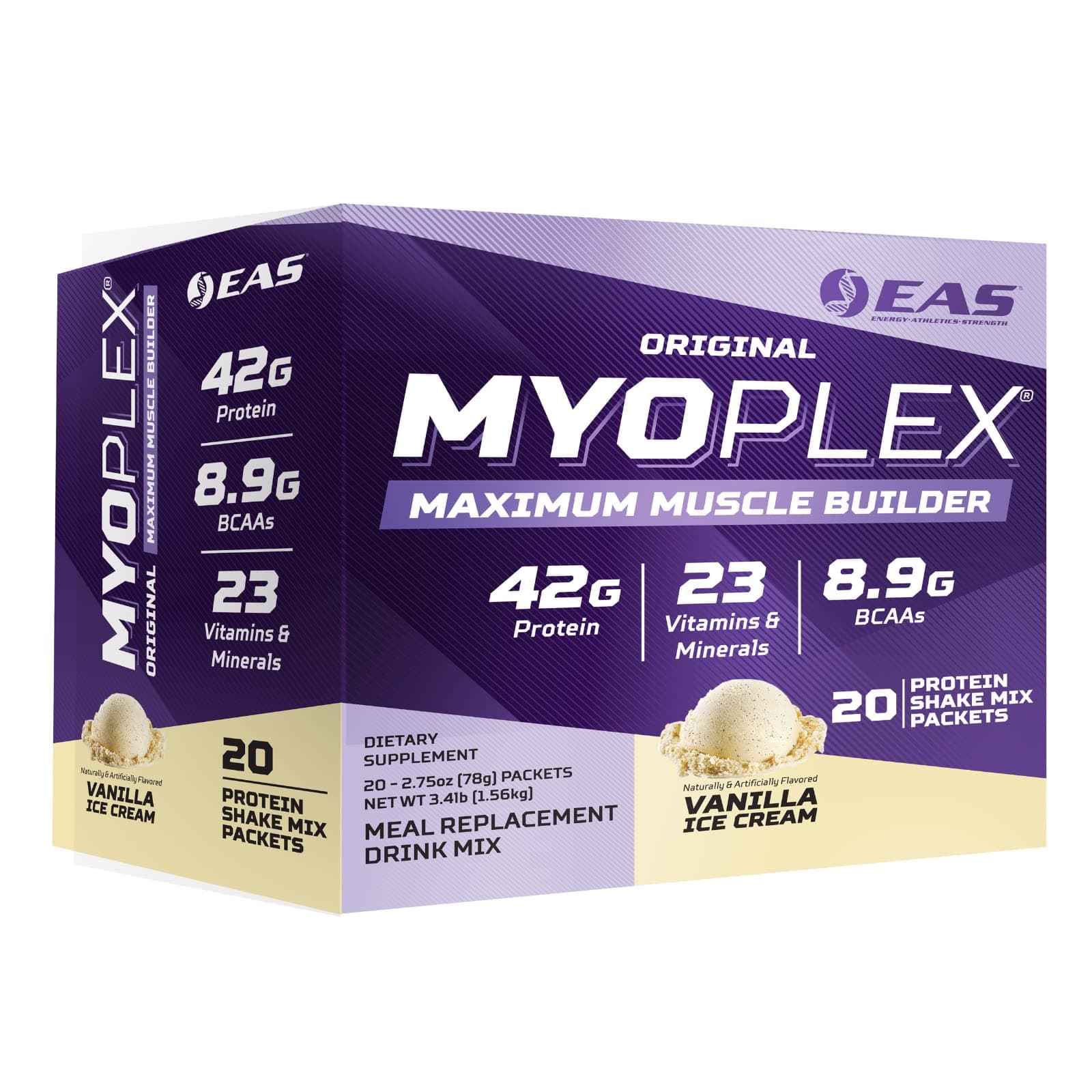 Original Myoplex Maximum Muscle Builder | Meal Replacement Protein Drink Mix | Quality Protein Blend | 42g Protein | 20 Individual Packets (Vanilla Ice Cream)