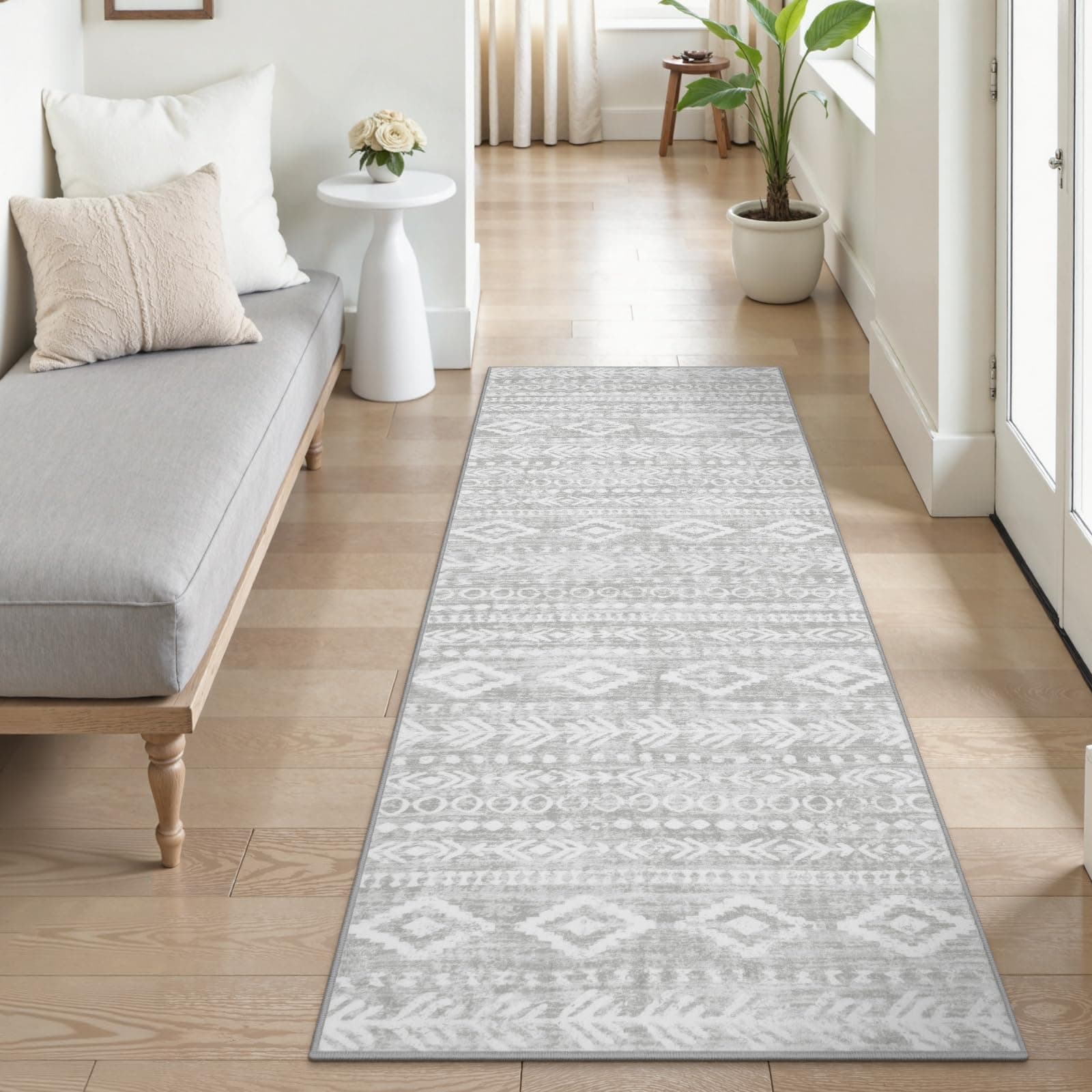 Lahome Farmhouse Grey Hallway Runner Rug, Low-Pile Washable 2x6 Laundry Room Rug Runners for Hallways Non Slip, Moroccan Tribal Print Indoor Floor Carpet Runner 6ft for Bathroom Kitchen