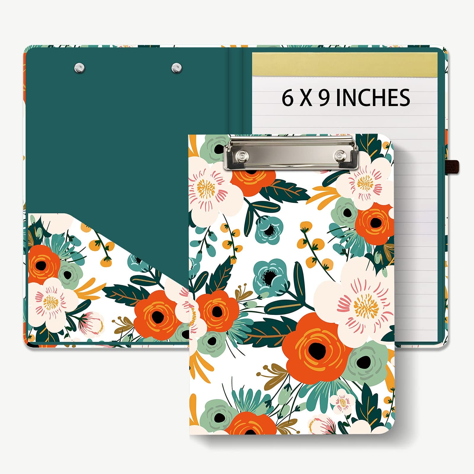 Hongri Mini Clipboard Folio with Refillable Lined Notepad and Interior Storage Pocket for Students, Classroom, Office, Women, Man, Cute Custom Pattern, Standard A5 Size 6 x 9 in, Classic Flower