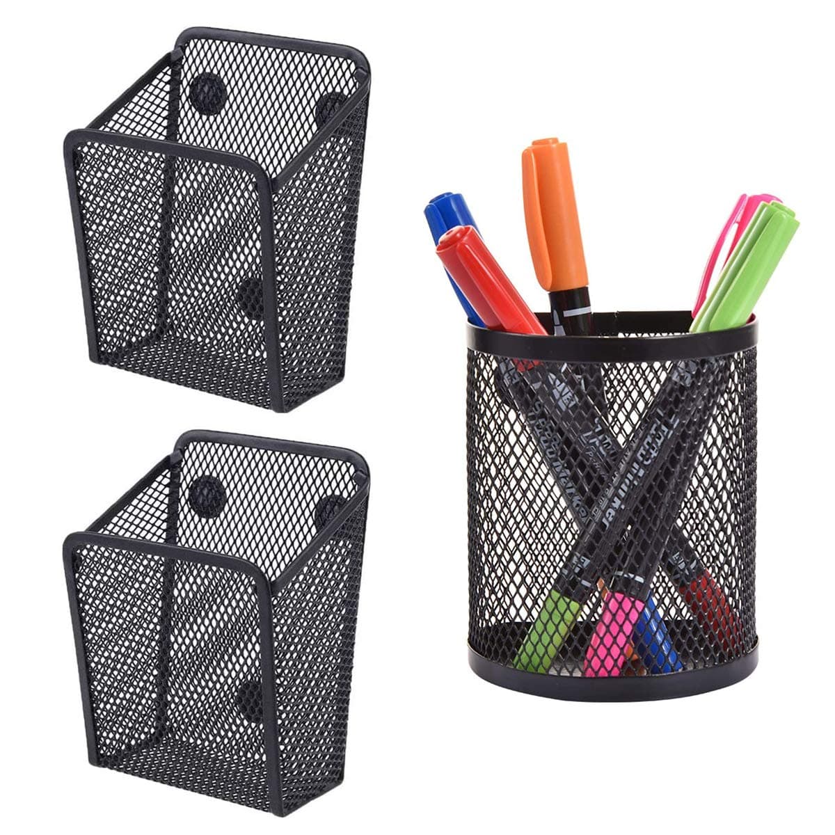 Magnetic Pen Holder,RoadLoo 3 Pack Black Mesh Storage Basket Metal Hanging Stationery with Magnets Strong Magnetic Whiteboard Pen Holder for Home Fridge Locker Accessories Office Supply Organizer