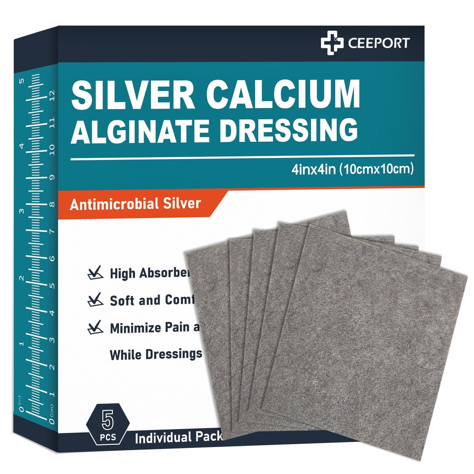 Silver Calcium Alginate Wound Dressing, 4" x 4" Patches, Highly Absorbent Dressing Gauze, Non Stick Pads for Wounds, Soft and Comfortable Silver Dressing for Wound Care, 5 Packs