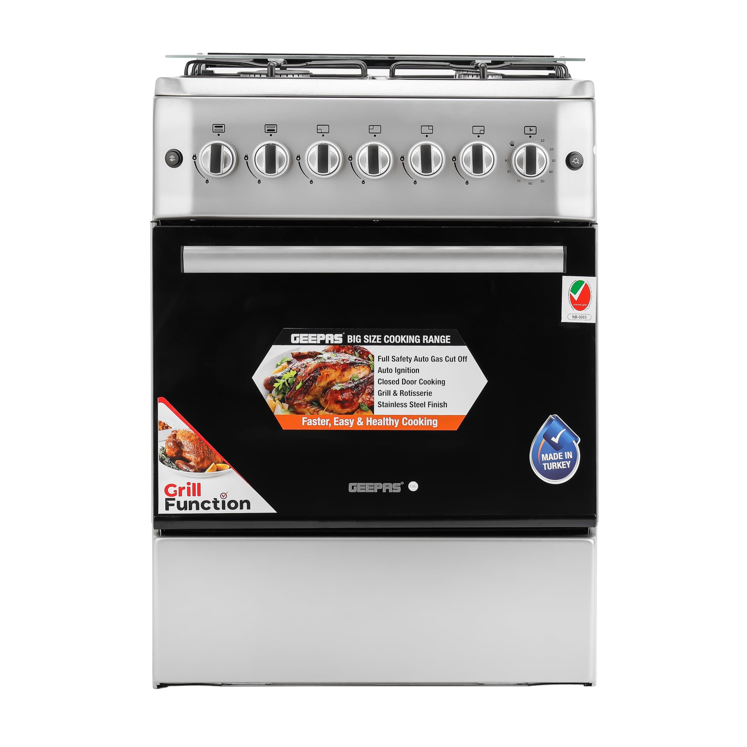 60*60 Cm Cooking Range, 4 Gas Euro Pool Type Burners & 3mm Flat Burner Caps, Double Knobs Convection Single Oven, /Grill & Rotisserie Function,Glass Top Lid,1 Year Warranty GCR6057 Silver/black