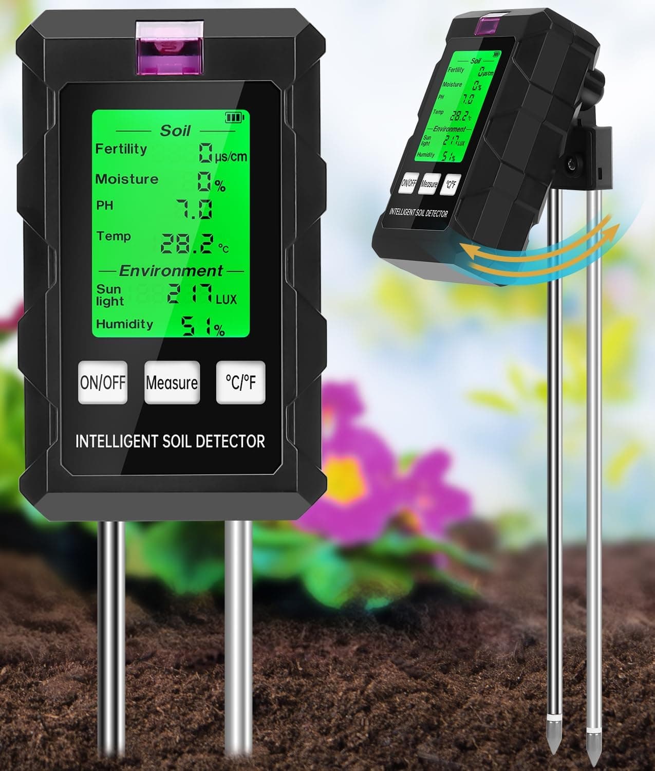 Soil Moisture Meter, 6-in-1 Digital Moisture Meter, with Fertility/Moisture/PH/Temp/Sunlight/Humidity, Soil PH Tester with Dual Probe, Great for Garden, Lawn, Farm, Indoor & Outdoor Use