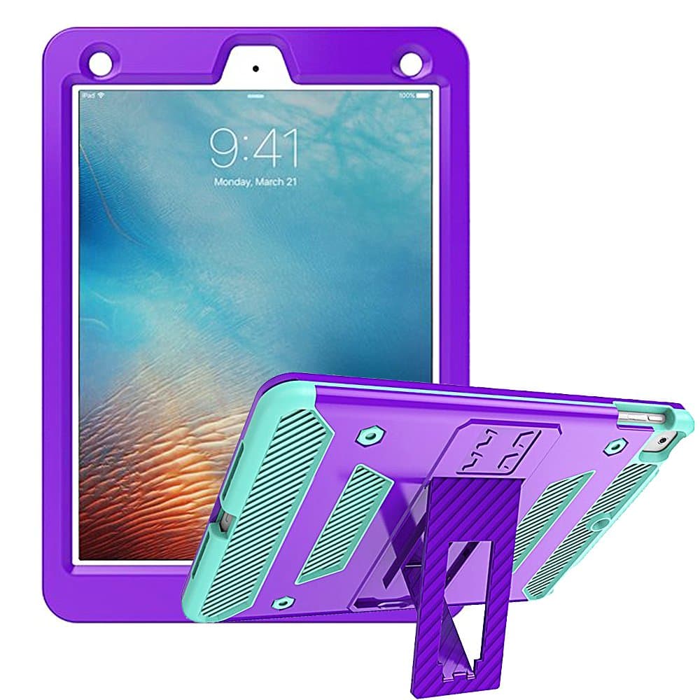 NEO-Armor iPad 9.7 (2018/2017 Model), iPad Pro 9.7, iPad Air 2 Case, Heavy Duty Three-Layer Hybrid Shockproof Full Body Protective Cover with Kickstand - Purple Teal