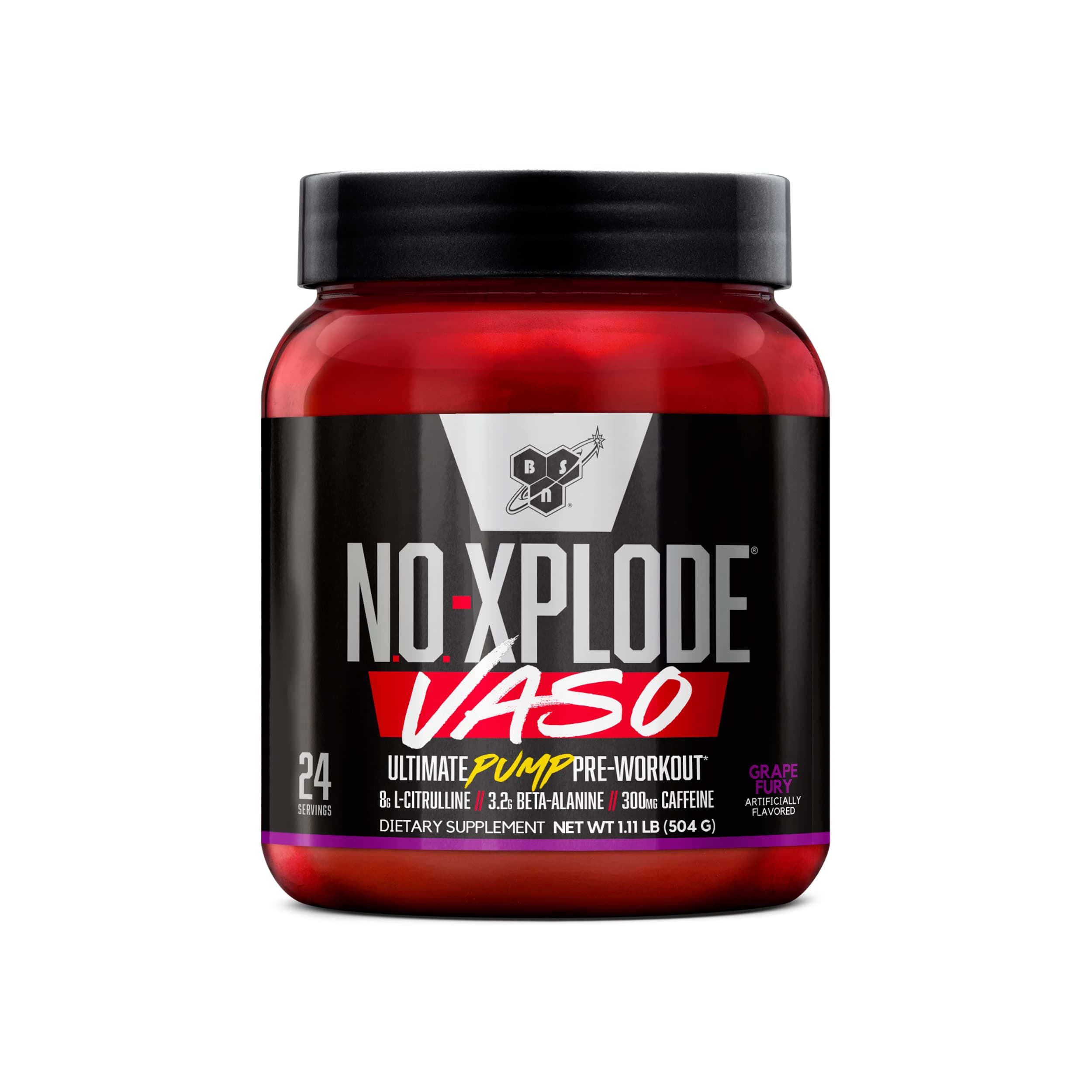 BSN N.O.-XPLODE Vaso Pre Workout Powder with 8g of L-Citrulline and 3.2g Beta-Alanine and Energy, Flavor: Grape Fury, 24 Servings