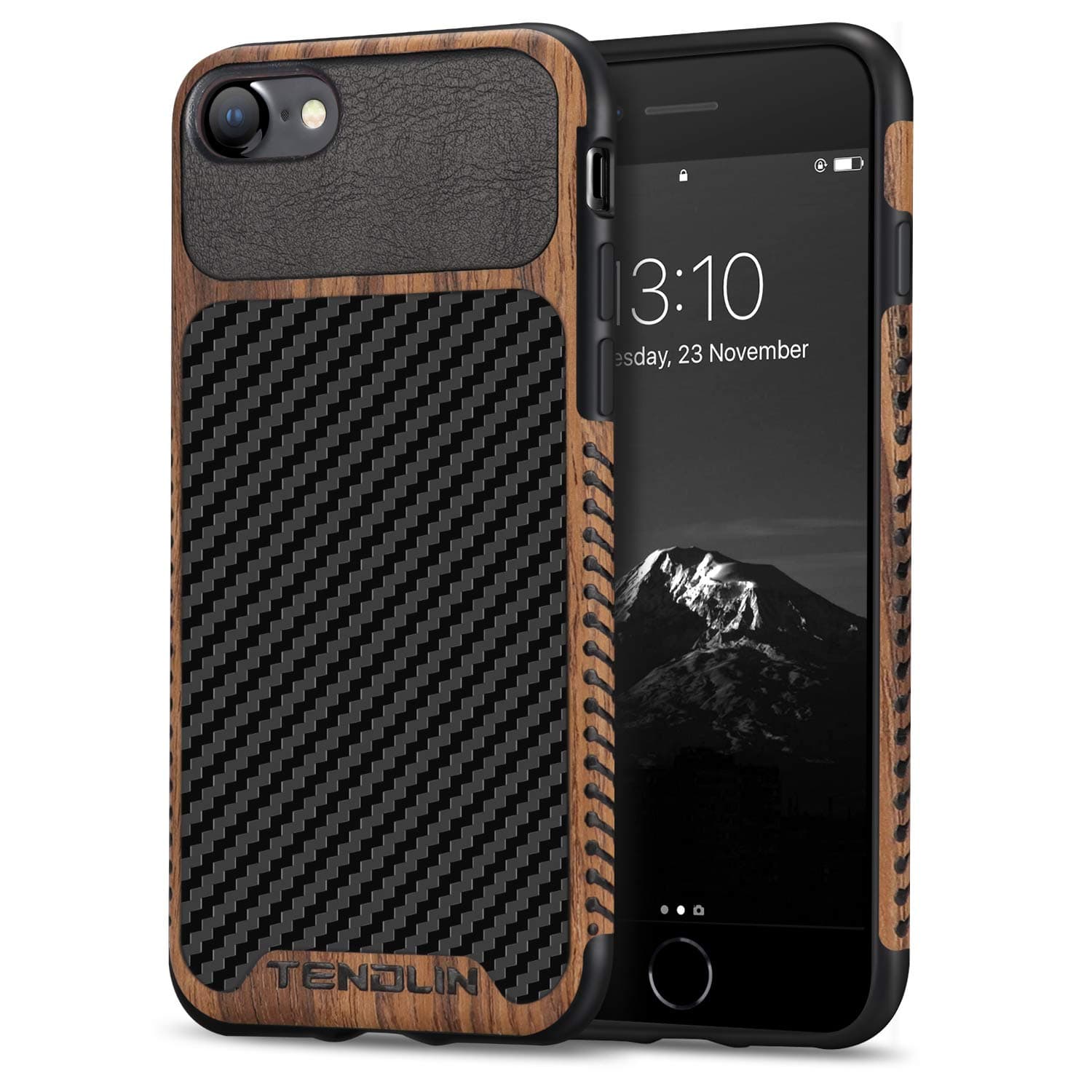 TENDLIN Compatible with iPhone SE 2022/SE 2020/8/7 Case Wood Grain Carbon Fiber Texture Design Leather Hybrid Slim Case Black