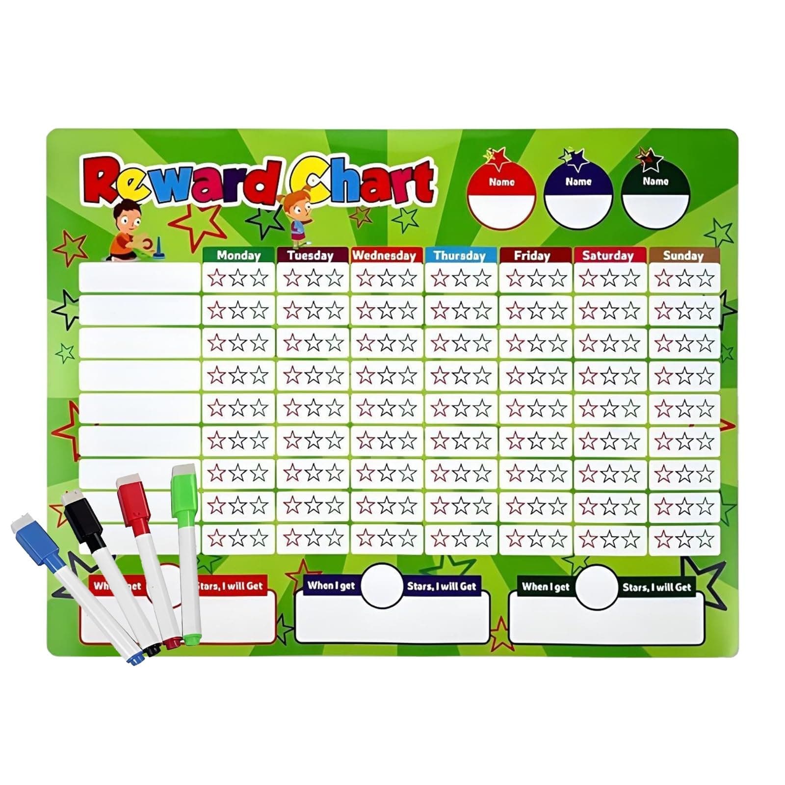 Dry Erase Reusable Sticker Chart with 4 Markers - Behavior, Chore, Incentive, Motivational, Progress Chart for Goal Setting, Achievements