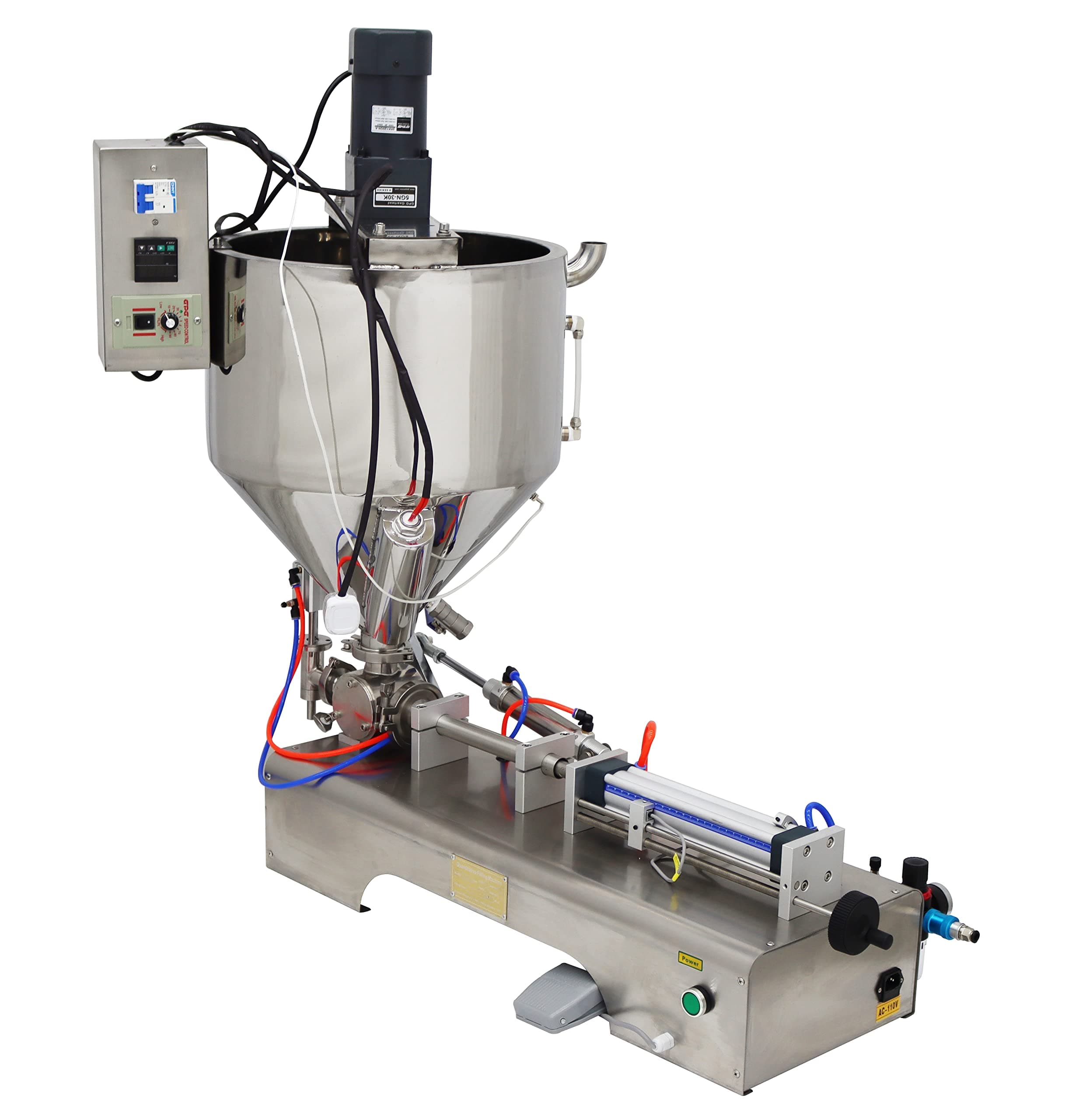 TECHTONGDA Paste Liquid Filling Machine One Nozzle Piston Filler with Mixing and Heating Hopper Bottle Pack Seal for Honey Milk (5-50ml)