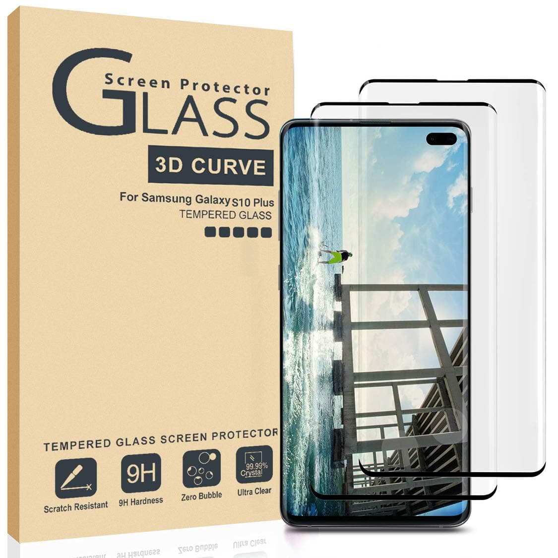 AILIBOTE Glass Screen Protector for Samsung Galaxy S10 Plus,[2 Pack] 3D Curved Tempered Glass, Dot Matrix with Easy Installation Tray, Case Friendly(Black)