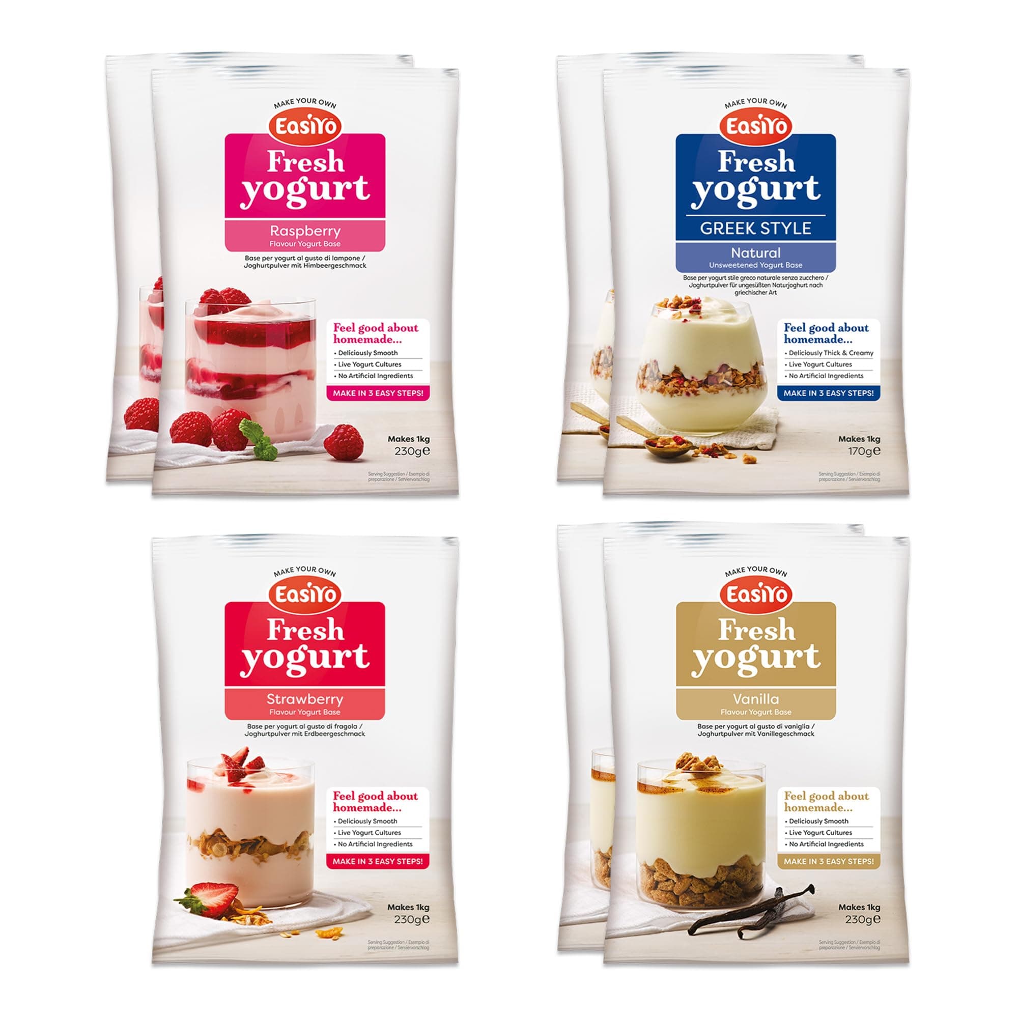 Yogurt 7 Sachet Pack | EasiYo Mixed Pack | 2 x Vanilla 2 x Greek Style Natural 2 x Rasberry 1 x Strawberry | Each Sachet Makes 1kg of Yogurt