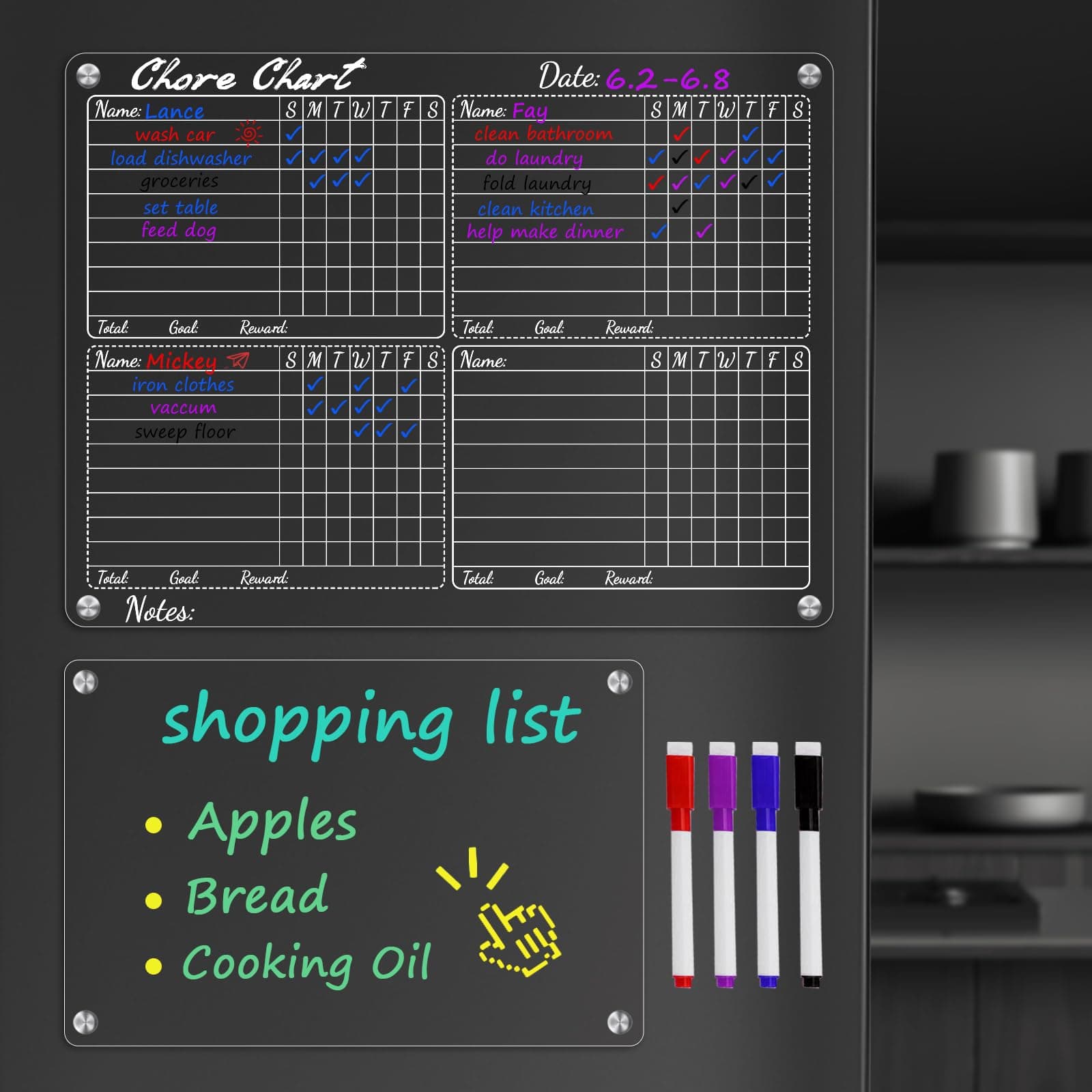 ERTIUANIO Behavior Chart for Multiple Kids, Magnetic Acrylic Chore Chart Weekly Dry Erase Calendar for Fridge, 15.7"x12"&12"x 7.85" One Chore Chart and Blank Note Board Kit Include 4 Dry Erase Markers