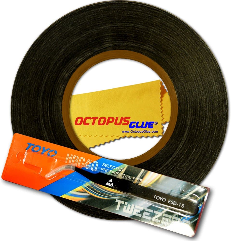 Octopus Glue® 2mm x 50m Double Sided Adhesive Tape (Made by 3M) with ESD Anti-Static Tweezer and Microfiber Cleaning Cloth for Phone LCD, Digitizer Repair