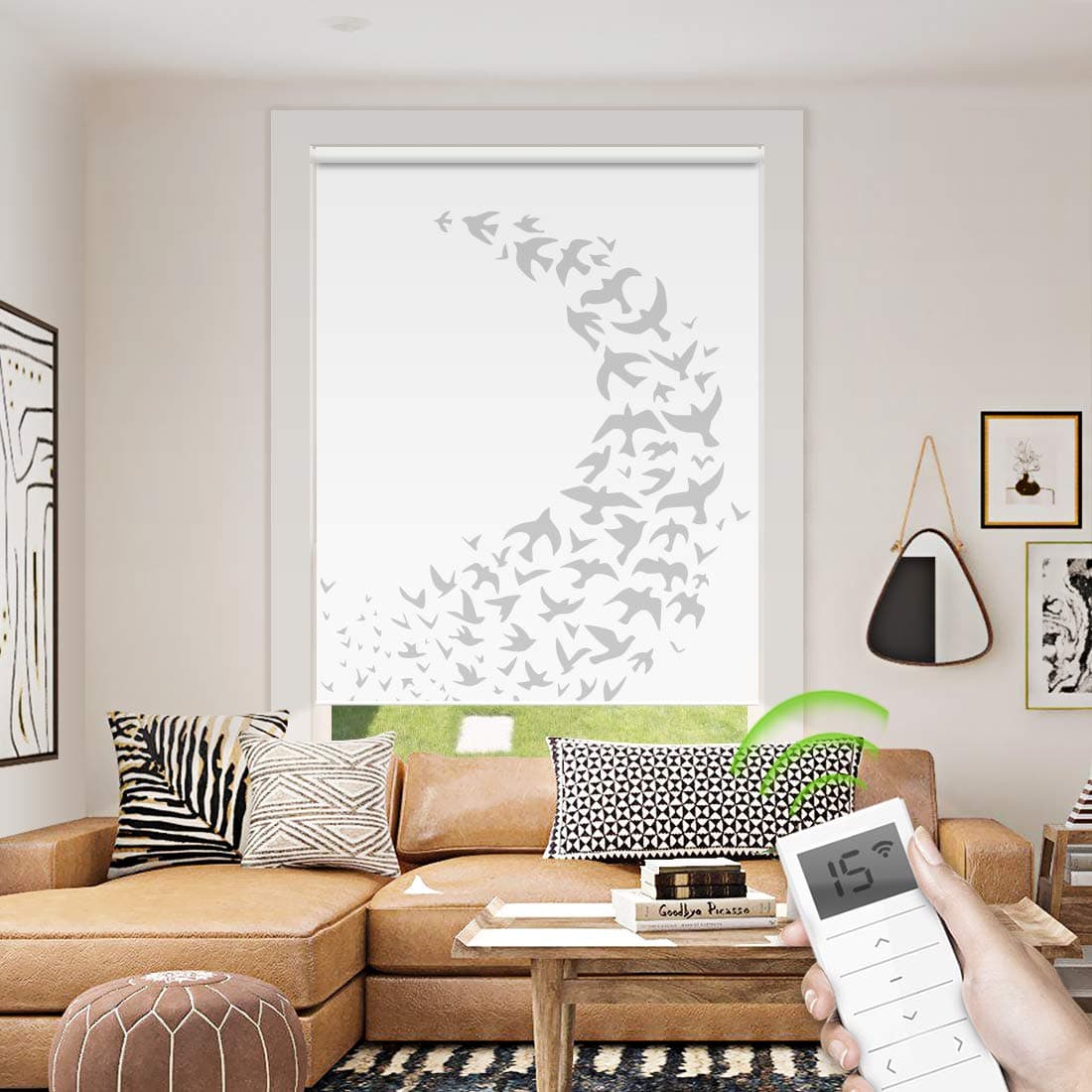 Motorized Smart Shade Painting Print, Blackout Window Blinds Customized Size and Picture, Remote Wireless Electric Shades Compatible with Alexa for Home Office (Birds Printed)