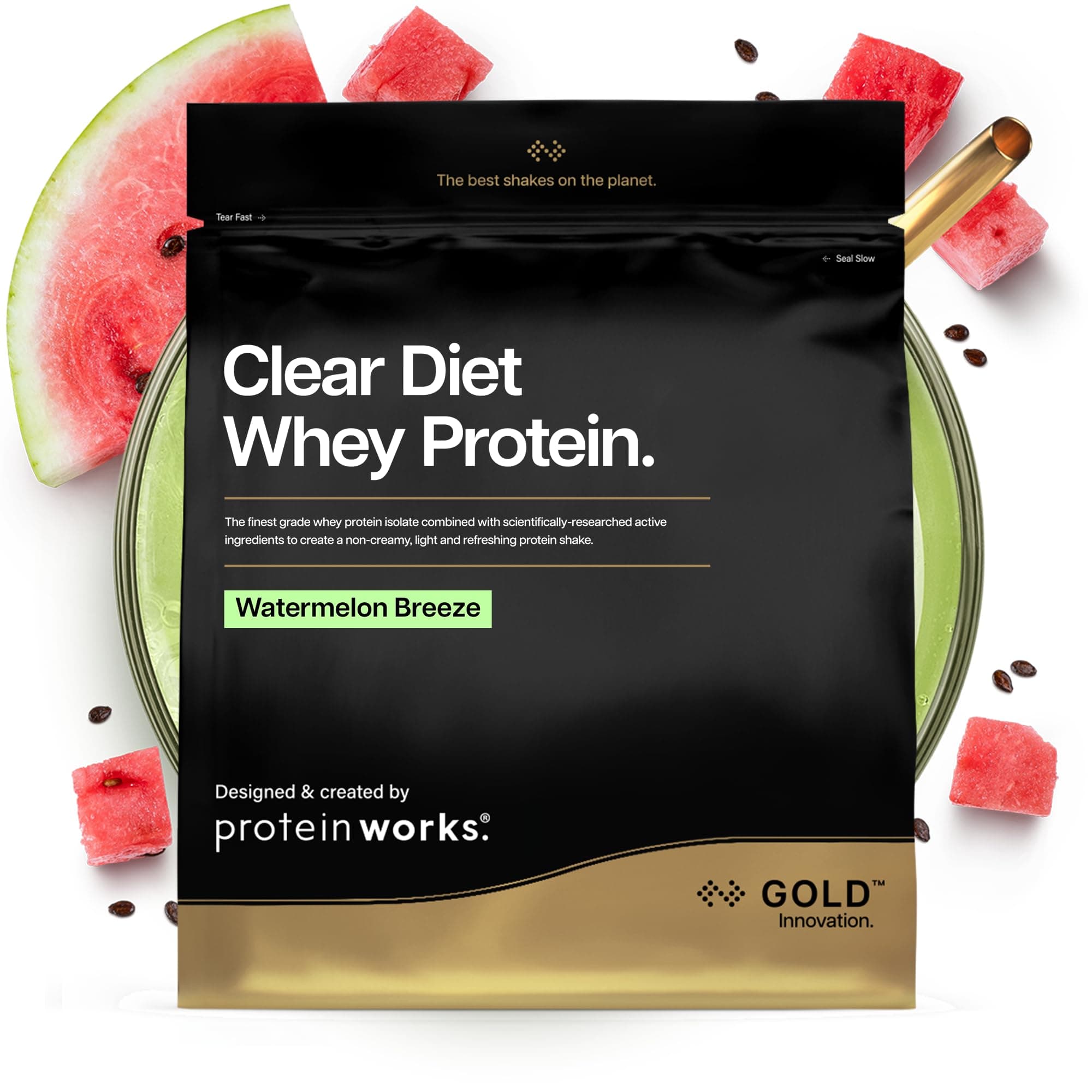 Protein Works | Clear Diet Whey Protein - Gold Innovation, Whey Protein Isolate Powder, Refreshing High Protein Drink, Watermelon Breeze, 20 Servings, 500g
